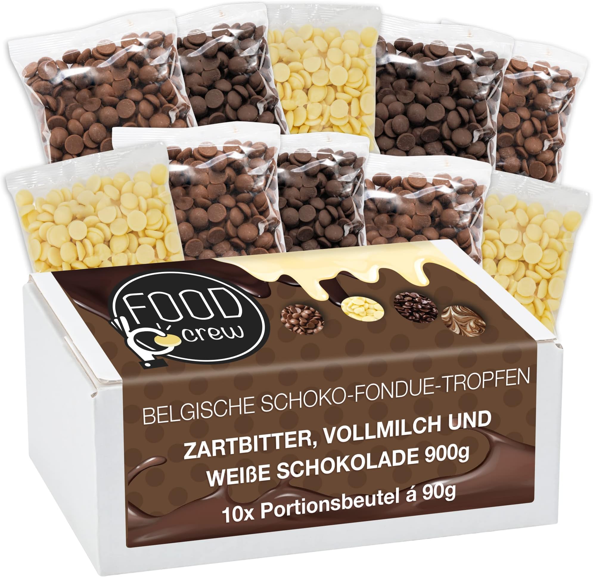FOOD crew 900g Fondue Chocolate from Belgium Chocolate Assortment Made of Full-Cream Milk, Dark & White Chocolate - for Chocolate Fountain Fondue Sets - 10 Individually Packaged sachets