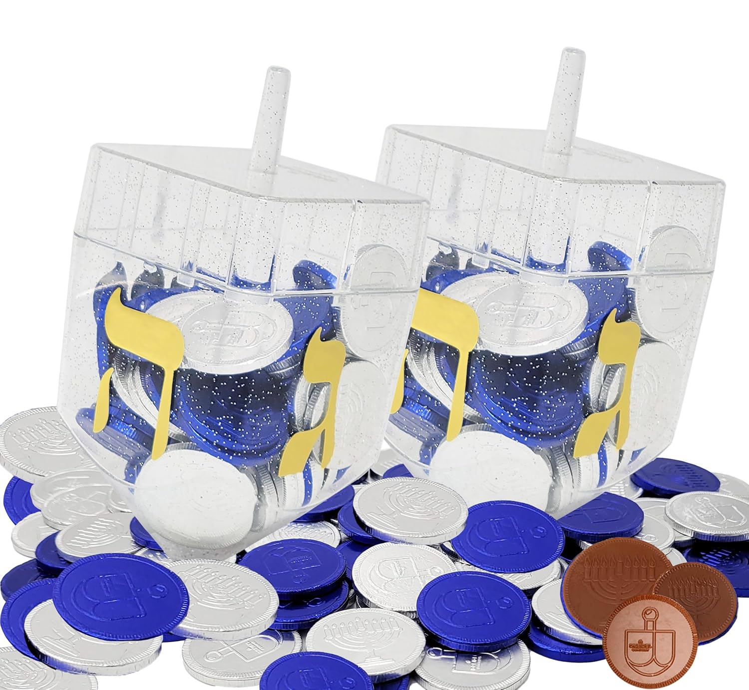 The Dreidel Company Filled with Blue and Silver Hanukkah Chocolate Gelt Coins, 10 Chocolate Menorah and Dreidel Coins, Milk Chanukah Gelt, Kosher Certified Dairy (4-Pack)