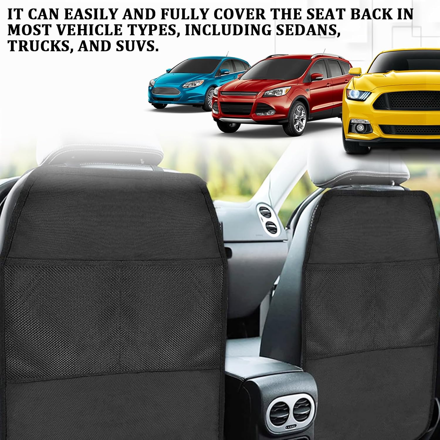 2PCS Car Kick Mats Back Seat Protector, Waterproof Back Seat Cover, Anti Slip Seats Backs Protector with Mesh Storage Pockets, Car Seats Organizer for SUV Truck Car Interior Protection Black