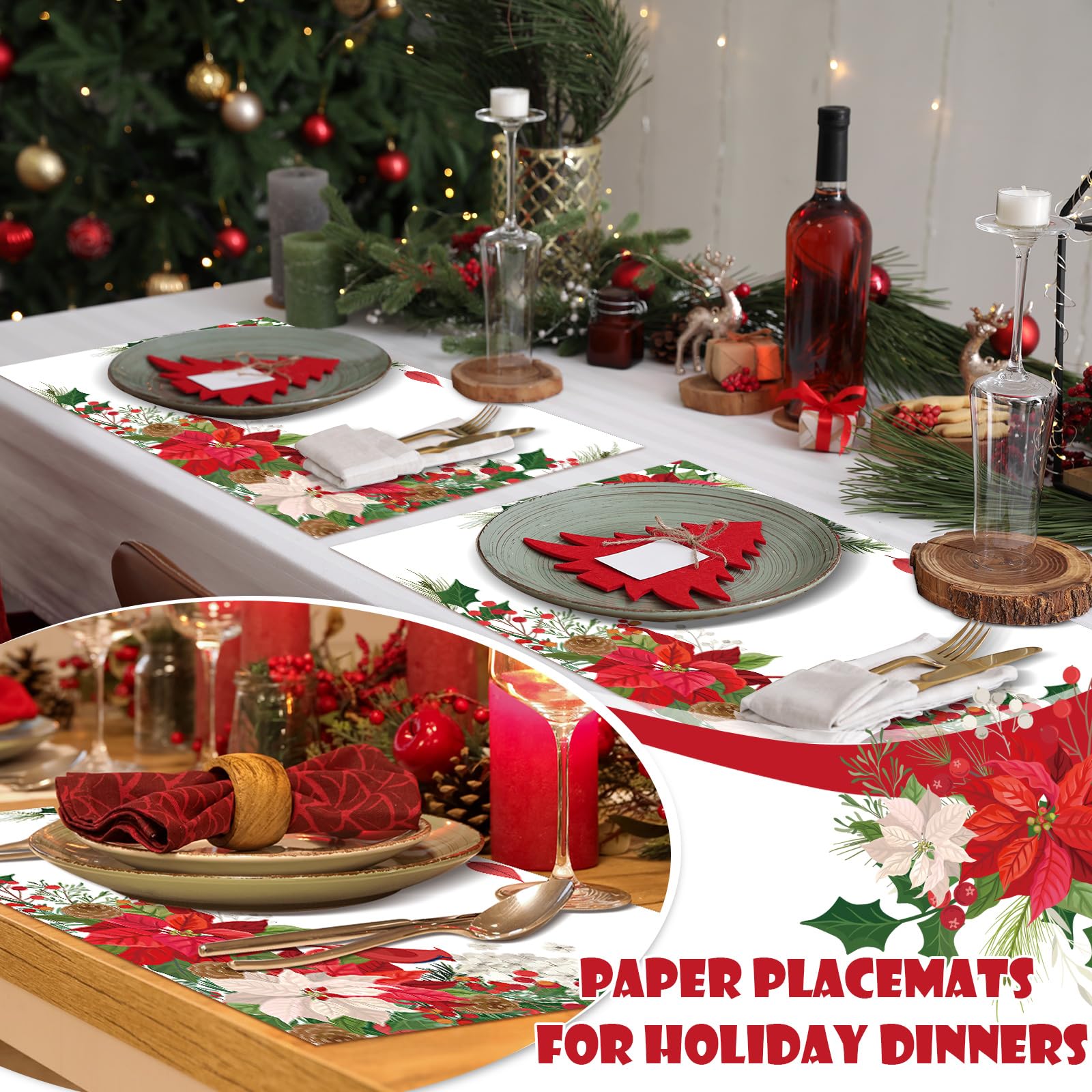 Geetery Paquete de 100 manteles individuales de papel desechables de Navidad, a granel, manteles individuales de papel para mesa de cena, celebración de Navidad, decoración de fiesta de acebo de