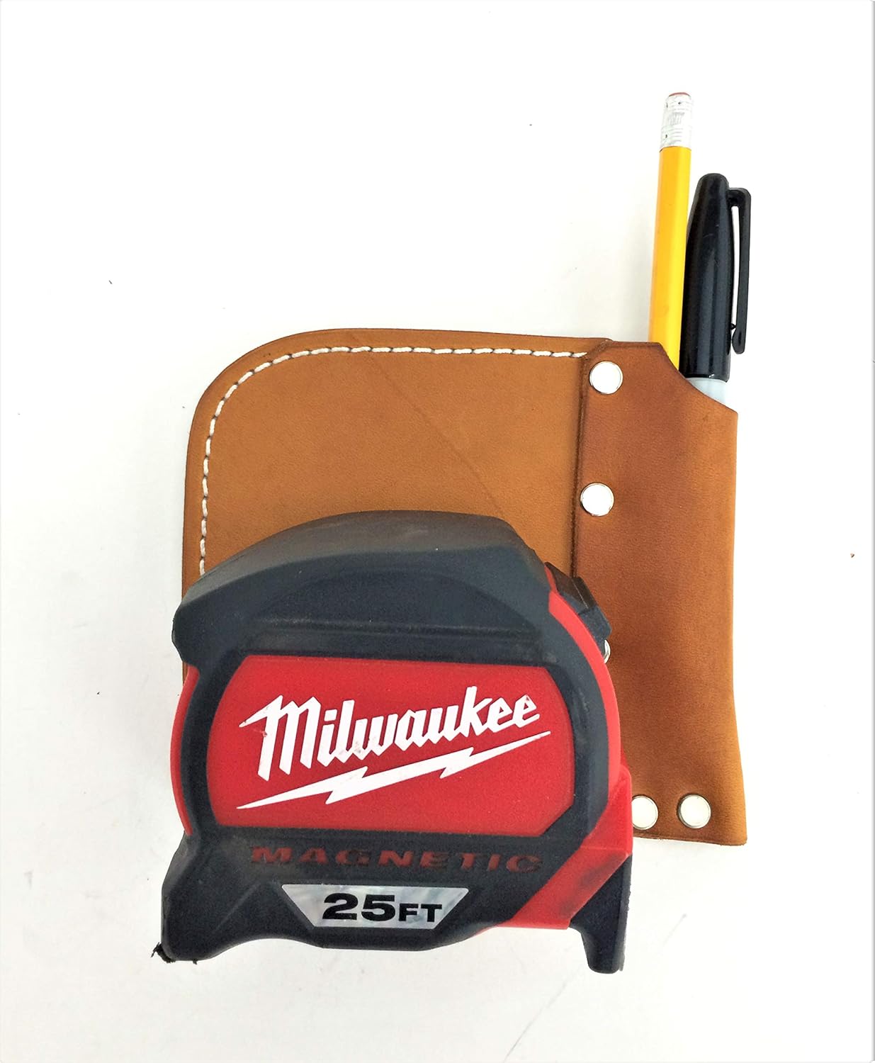 Low Profile Tape Measure Holder with Belt Clip and Pencil Pouch (Saddle Tan)
