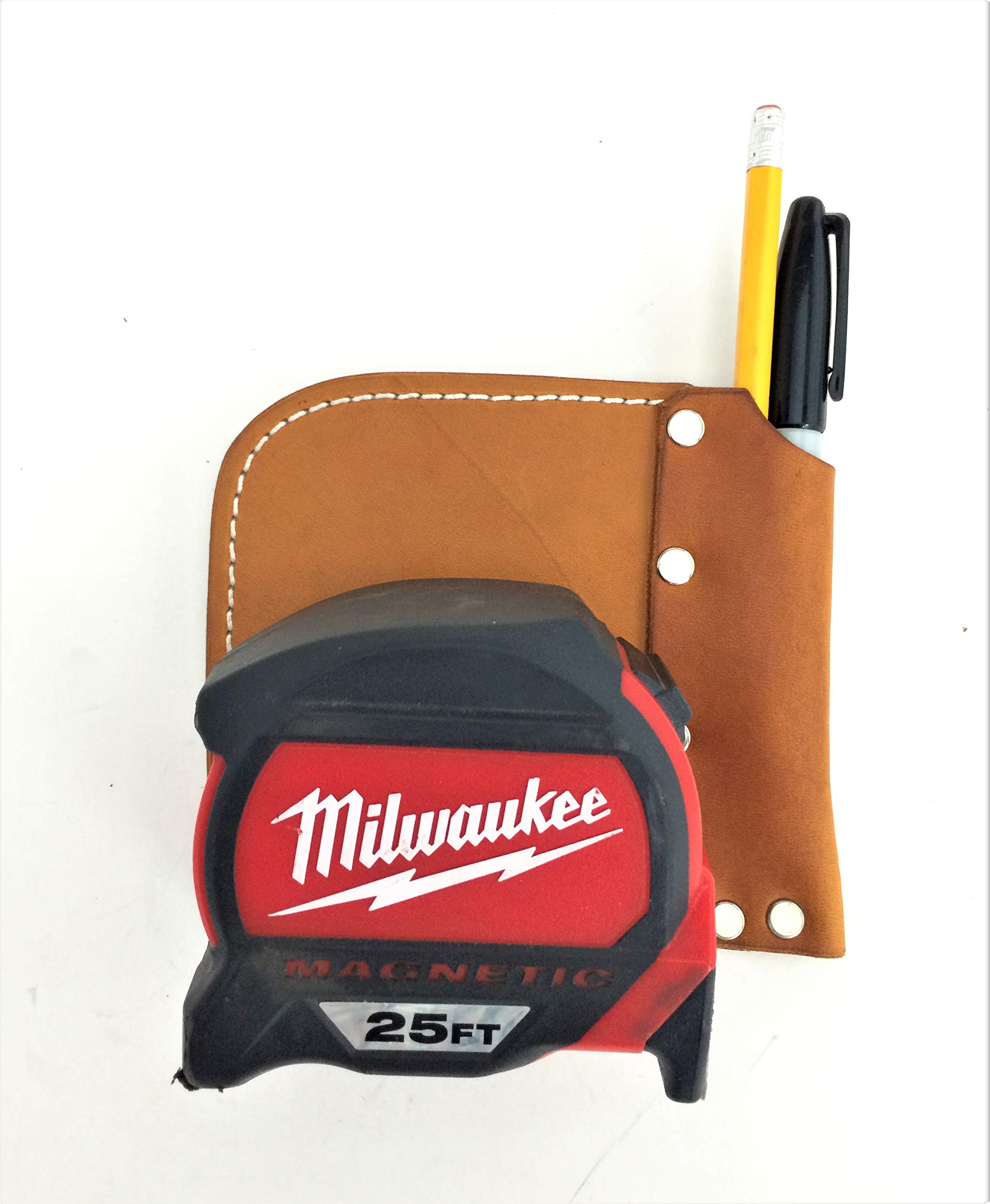 Low Profile Tape Measure Holder with Belt Clip and Pencil Pouch (Saddle Tan)