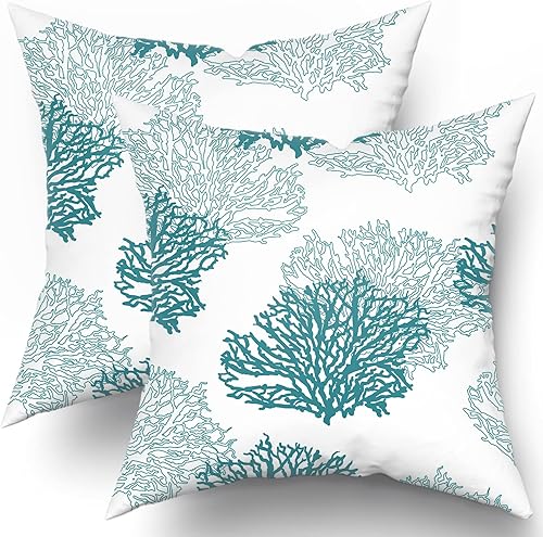 Kawani Fundas de almohada costeras de 18 x 18 pulgadas, juego de 2 fundas de almohada de algodón con acuarela verde azulado coral, para verano,