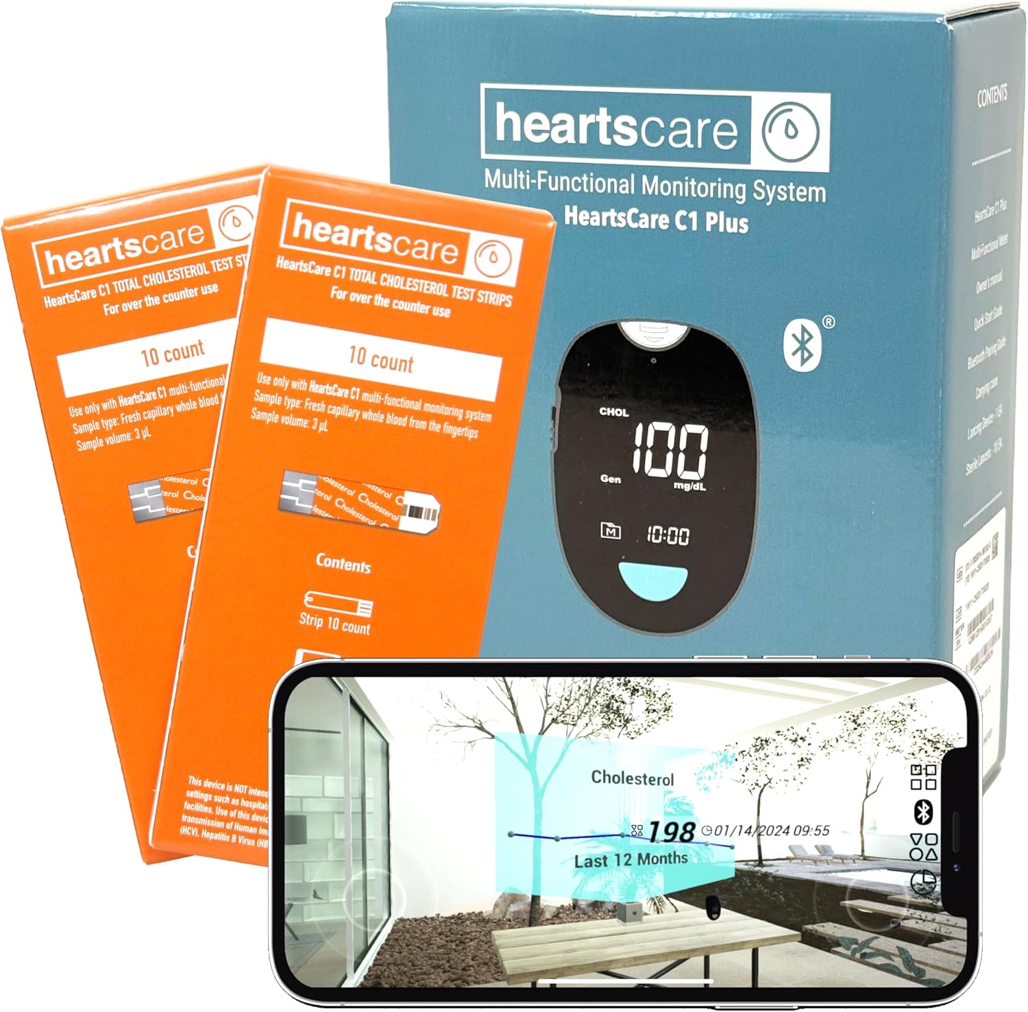 HeartsCare Total Cholesterol Testing kit - 20 Strips and 1 Meter with 3D Bluetooth HeartsHome app - Diet and Fitness Tracking