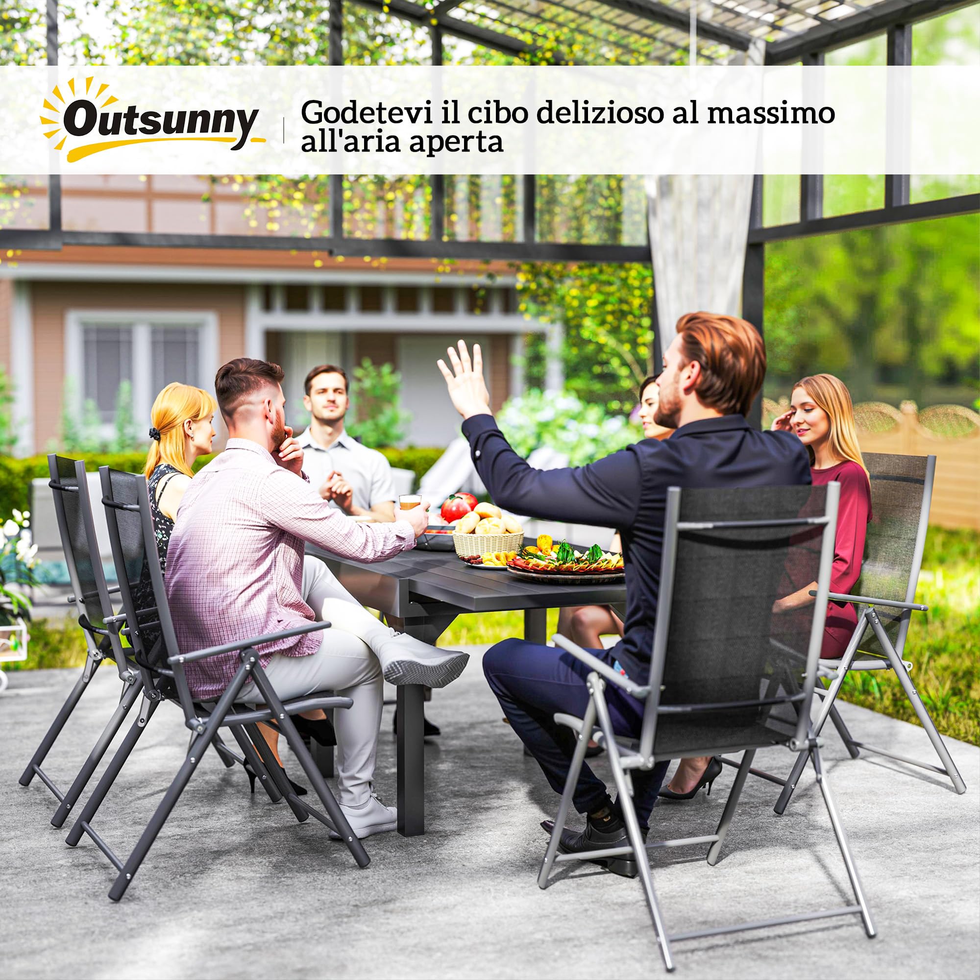 Outsunny Set Tavolo da Giardino con Sedie da 7 Pezzi 90/180cm Grigio e Nero | Set da Pranzo, Tavolo Allungabile, 6 Sedie da Esterno Pieghevoli con Braccioli, Mobili, Acciaio e Textilene