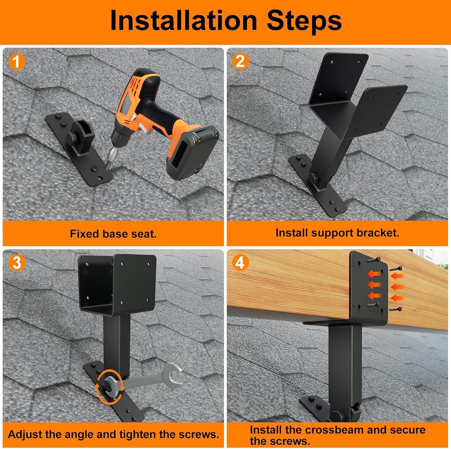 4x4 Heavy Duty Roof Riser Brackets Kit, TROPTOLKY Adjustable Angle Pergola Brackets, Black Metal Roof Riser Beam Bracket for Roof Pergola Gazebo Patio Cover (3 Pack)