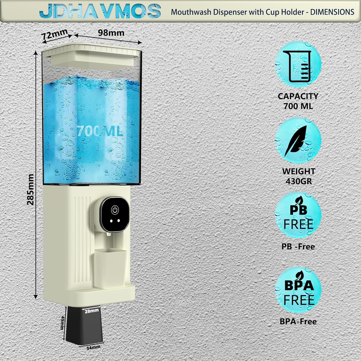 Automatic Mouthwash Dispenser for Bathroom with Magnetic Cups, 23.67fl oz Mouthwash Dispenser - 2Dispensing Levels, Touchless Electric Mouth Wash Dispensers for Kids Adults, Bathroom Accessories - Image 8