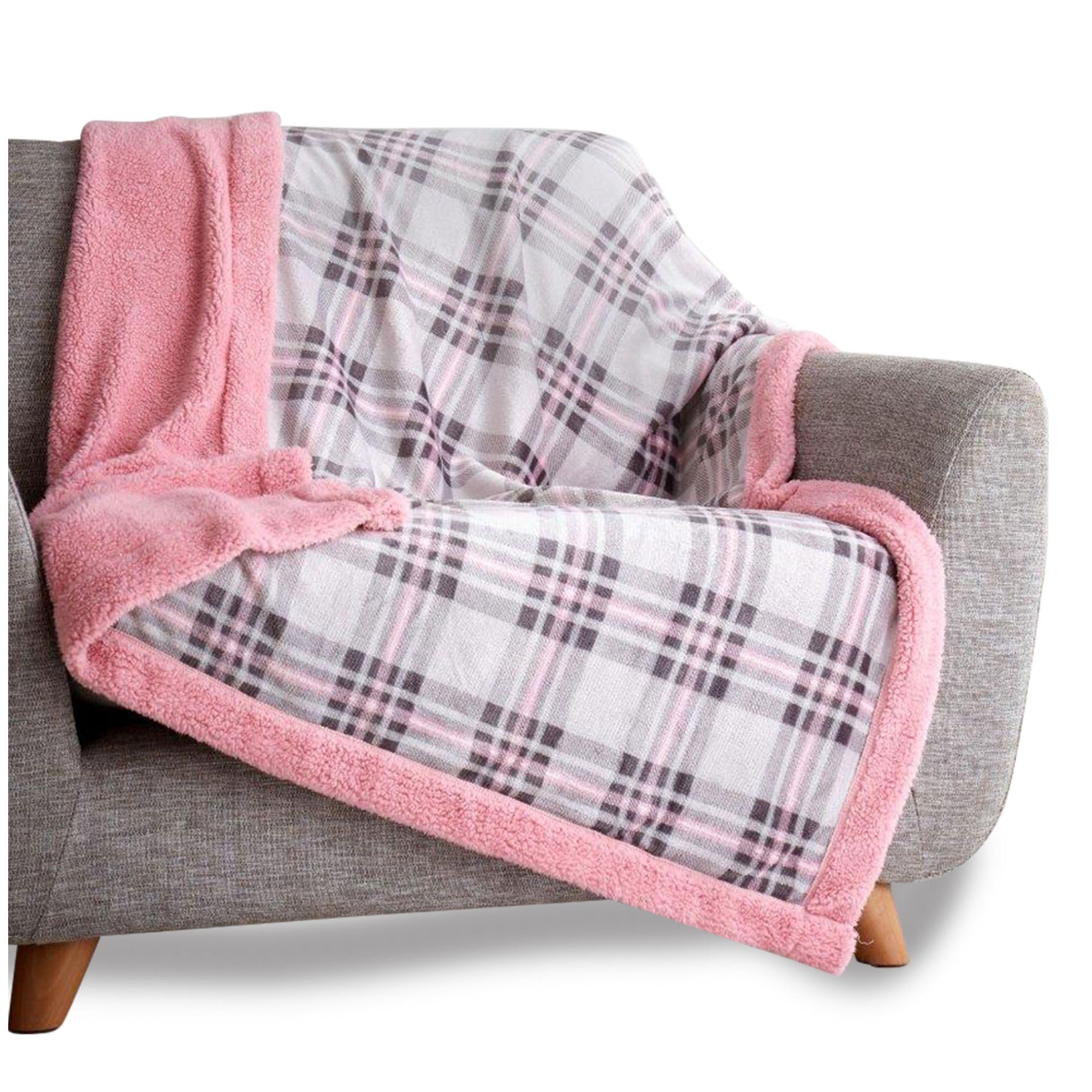 VELVETIO Tartan Check Throw for Sofa Bed 200 x 240cm, Thermal Warm Large Teddy Fleece Couch Blanket, Ultra Soft Lightweight Fluffy Armchair Throws, Grey/Pink