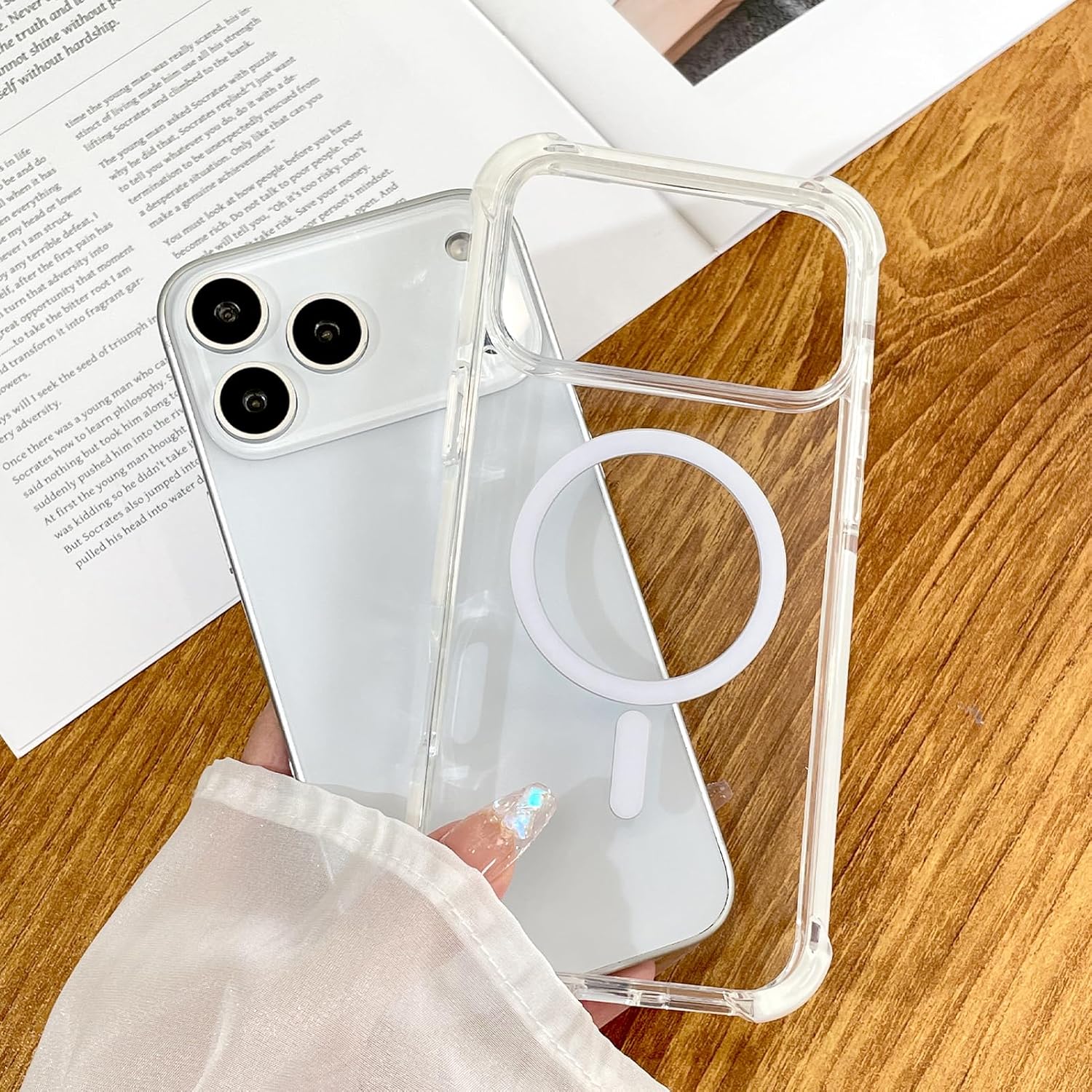 SAKUULO Magnetic Case for iPhone 17 Pro Max Compatible with Magsafe, Slim Anti-Slip Military Shockproof Protective Bumper Clear Cover 6.9 Inch for Women Men, White