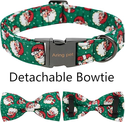 Miniatura 5 de ARING PET Collar de Navidad para perro, collar de perro de Papá Noel verde con lazo, collar ajustable de algodón para mascotas, collares para