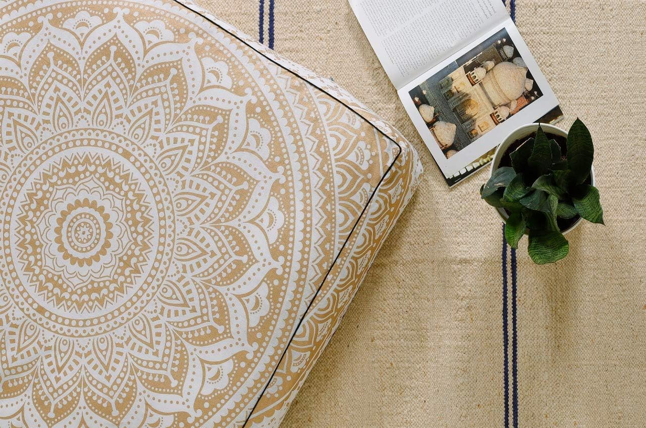 Popular Handicrafts Floor Pillow Cushion Cover - Hippie Mandala Square Ottoman Pouf Cover Indian Ombre Daybed Cotton Cushion Cover with Heavy Duty Zipper - Dog-Pets Bed, 22" Gold