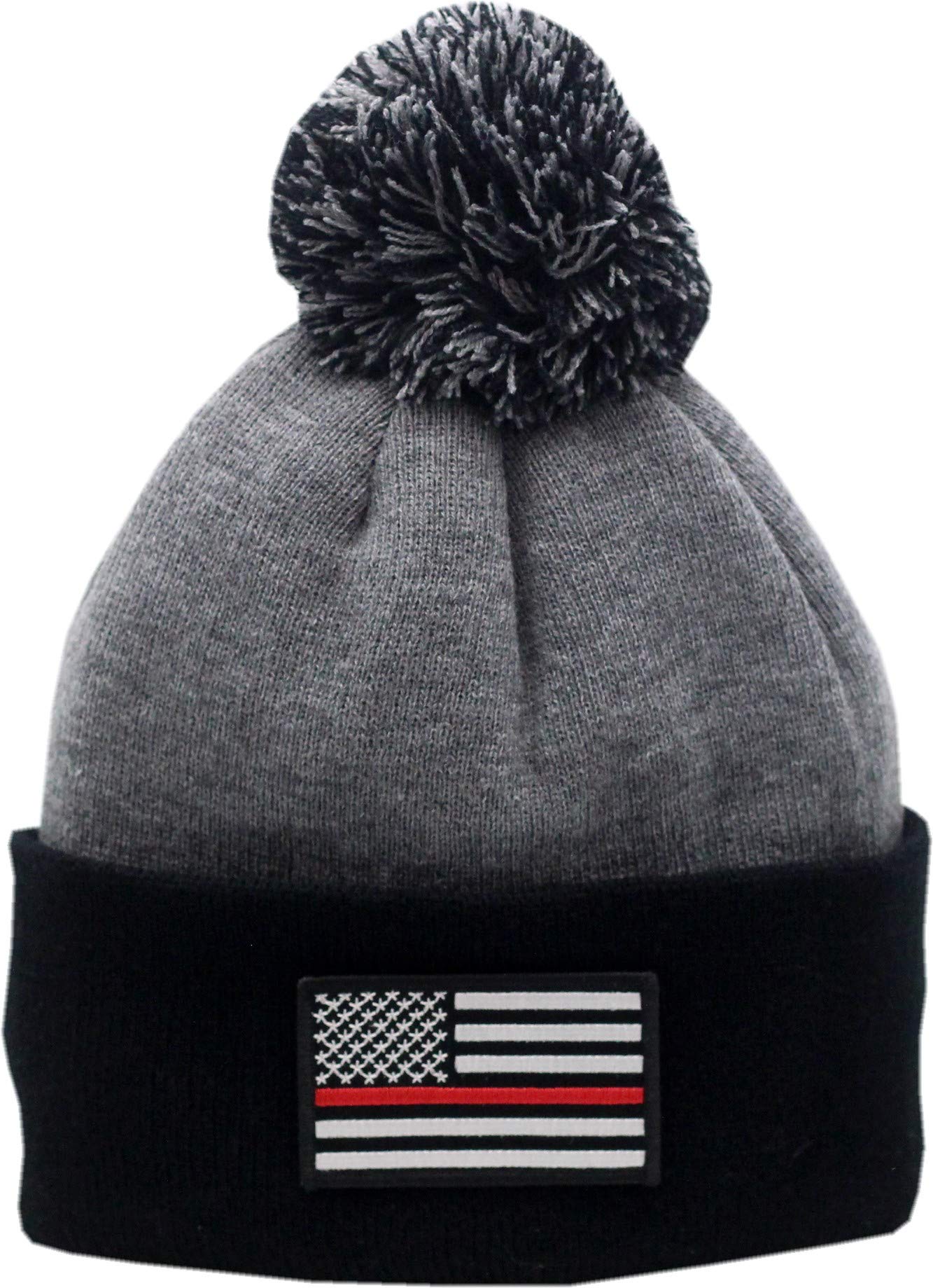 Peerless Embroidery Red Line Flag Cuffed Pom Knit Hat 2-Tone