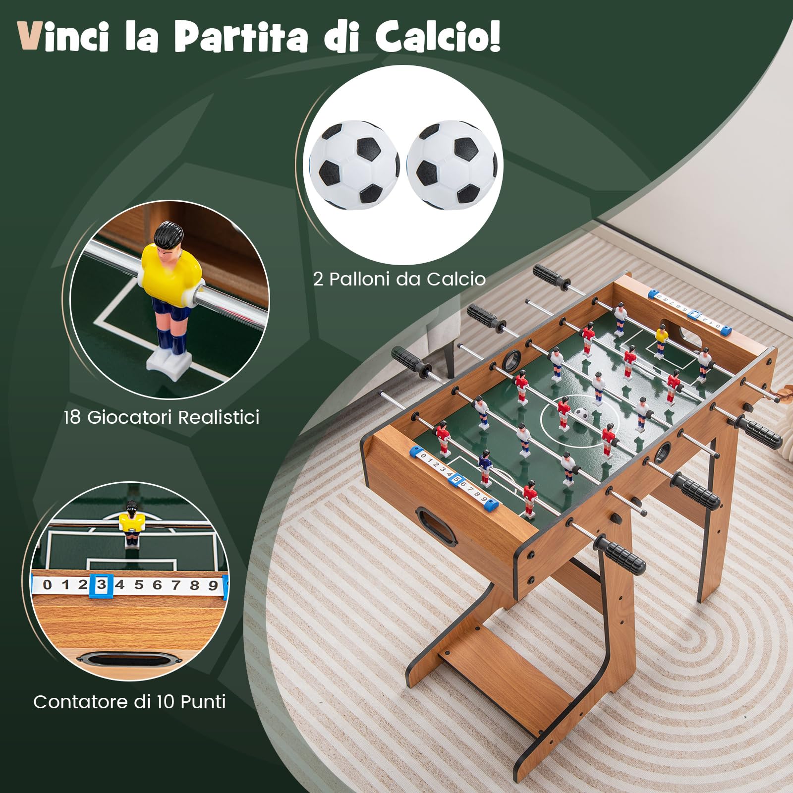COSTWAY Calcio Balilla Professionale, Calcetto Balilla da Tavolo in Legno, Biliardino Pieghevole per Casa per 2-4 Bambini o Adulti, con 22 Giocatori 8 Aste 2 Palline e 2 Segnapunti
