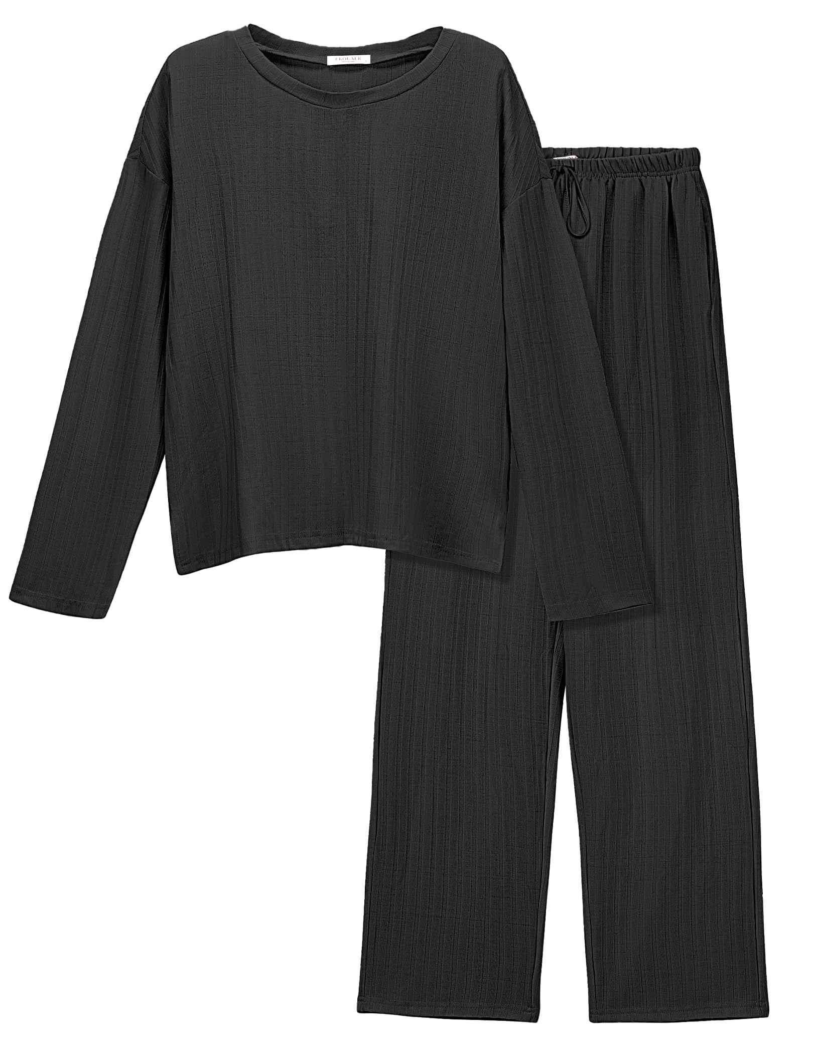 Ekouaer Womens Ribbed Knit Lounge Set Long Sleeve Top and Long Pants Sleepwear Pajama Set Two Piece Matching Set with Pockets