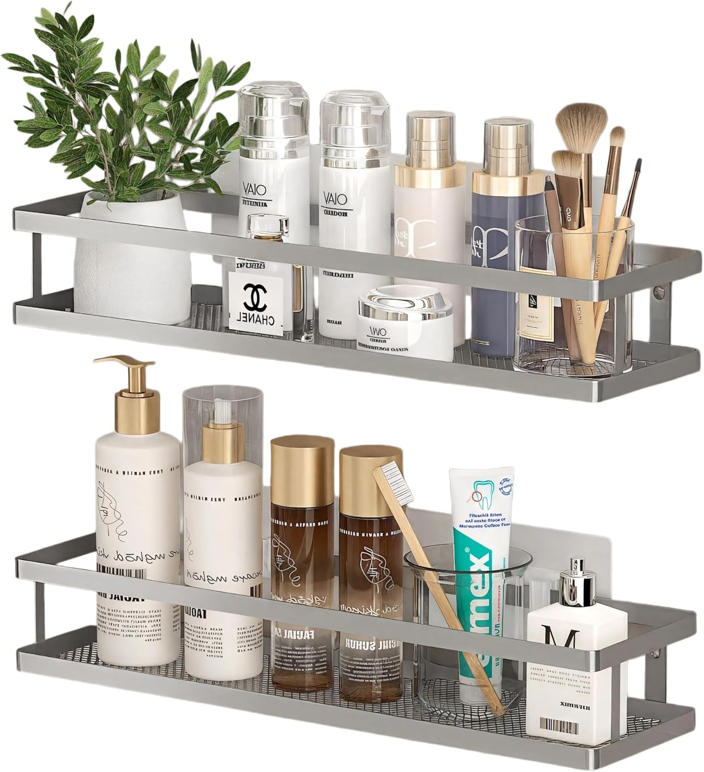 PUSDON 2-Pack 16.5" Extra Long Slim Shower Caddy, Adhesive Wall Mount Bathroom Organizer, Rustproof Open Frame Mesh Spice Rack for Kitchen, Holds 50LBS - Silver Gray, Guardrail