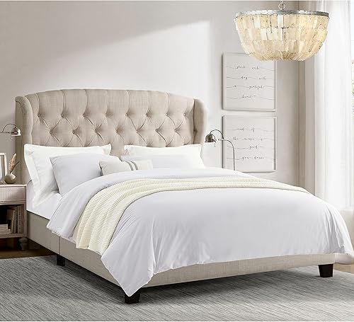 Rosevera Marcelle - Base de cama con respaldo de alas con cabecero ajustable de diseño distintivo, tapizado con botones para dormitorio, soporte de