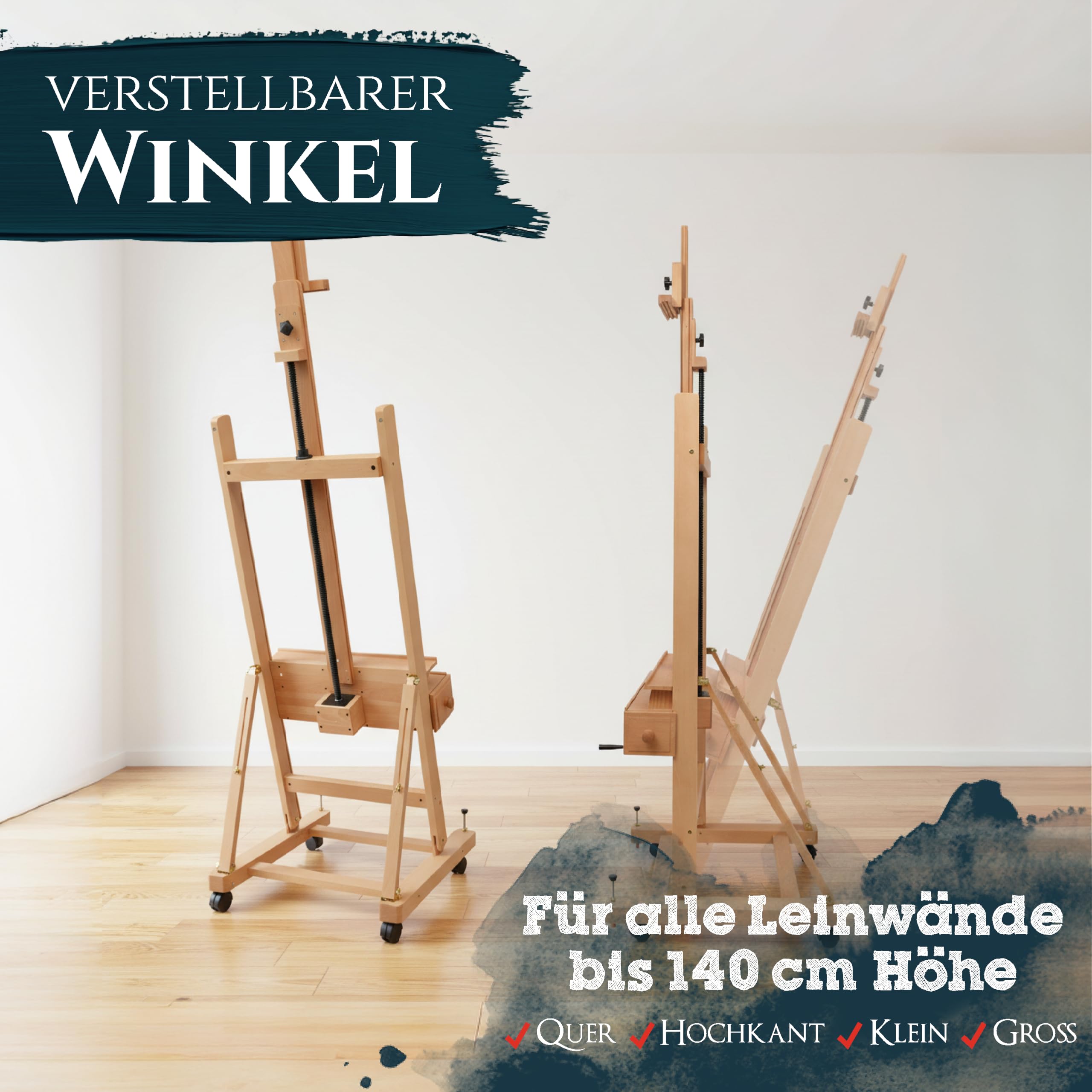 Artina Staffelei Holz Profi Atelierstaffelei für Keilrahmen bis 210cm | rollbare Studiostaffelei aus massivem Buchenholz Mobile stufenlos verstellbar Rollen Künstlerstaffelei Pisa