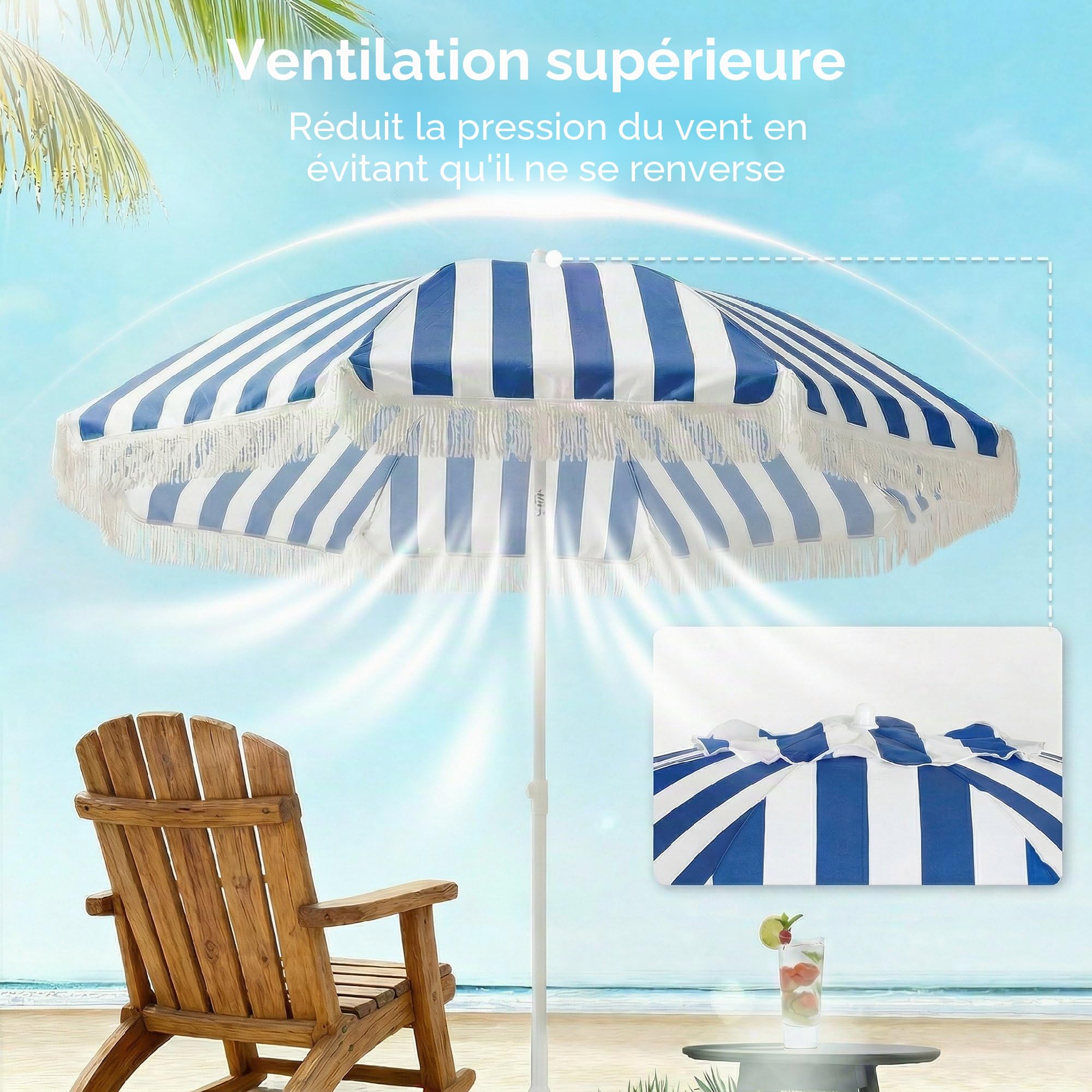 Outsunny Parasol de plage avec franges Ø 180 cm, parasol de terrasse extérieur avec hauteur réglable, inclinaison de 30°, ancrage sable et sac de transport