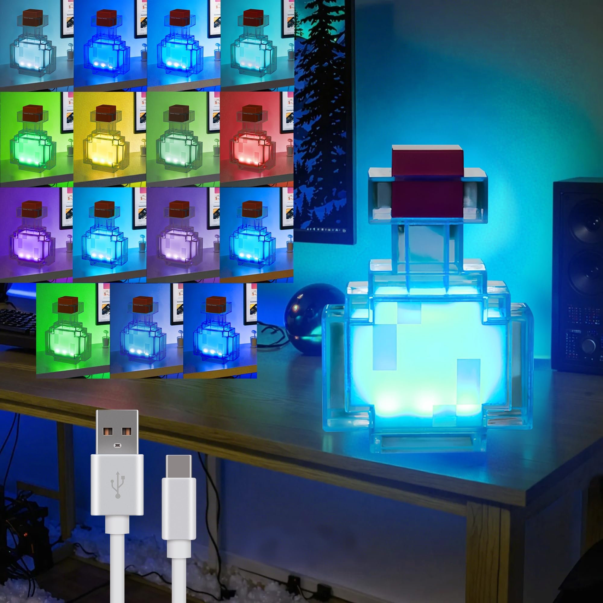 LIKEGOR Pixelated Potion Bottle Night Light - USB Rechargeable LED Desk Lamp - 15 Colors Changing LED Table Lamp - Pixelated Mood Light for Room Decor - Gamer Gift Ideal for Boys