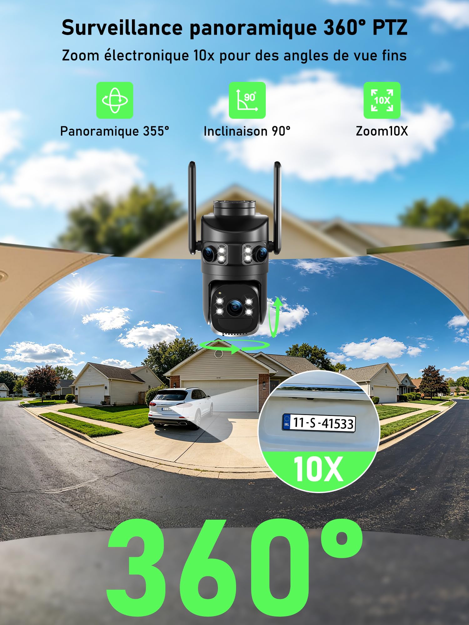 4K Camera Vigilancia WiFi Exterior Inalámbrico, Triple Objetivo/Cámara Solar/Batería, 360° PTZ Seguridad en el hogar, Visión Vocturne 30M, Alarma, Audio bidireccional, Seguimiento automático,2PCS