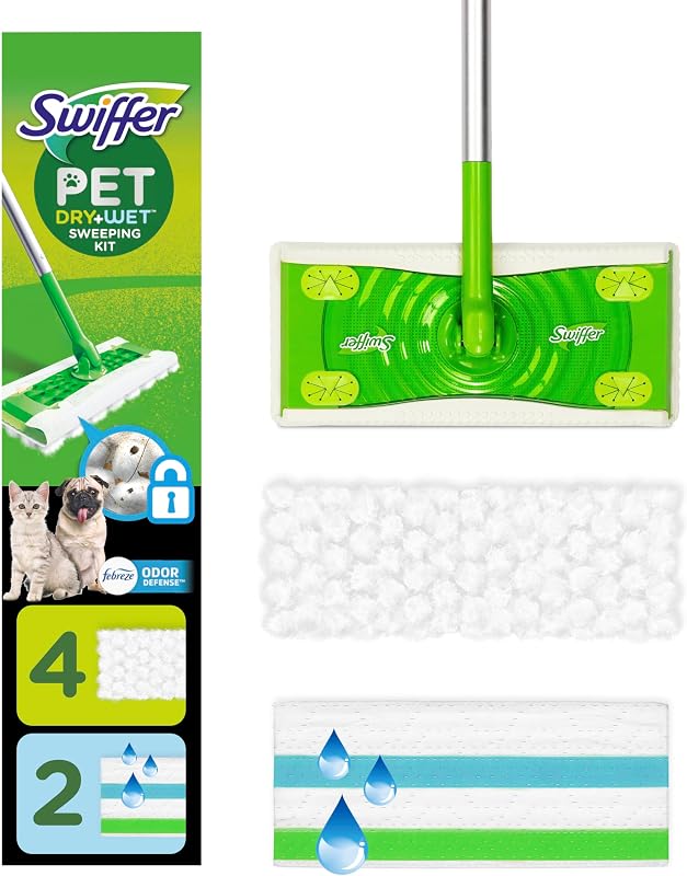 Pet Sweep + Mop, Broom & Mop Alternative, Dry & Wet Floor Cleaner for Dirt, Dust, Hair, All Purpose Cleaning Tool for Home, Bathroom, Kitchen, Set Includes 1 Sweeper, 4 Dry Pads, 2 Wet Pads