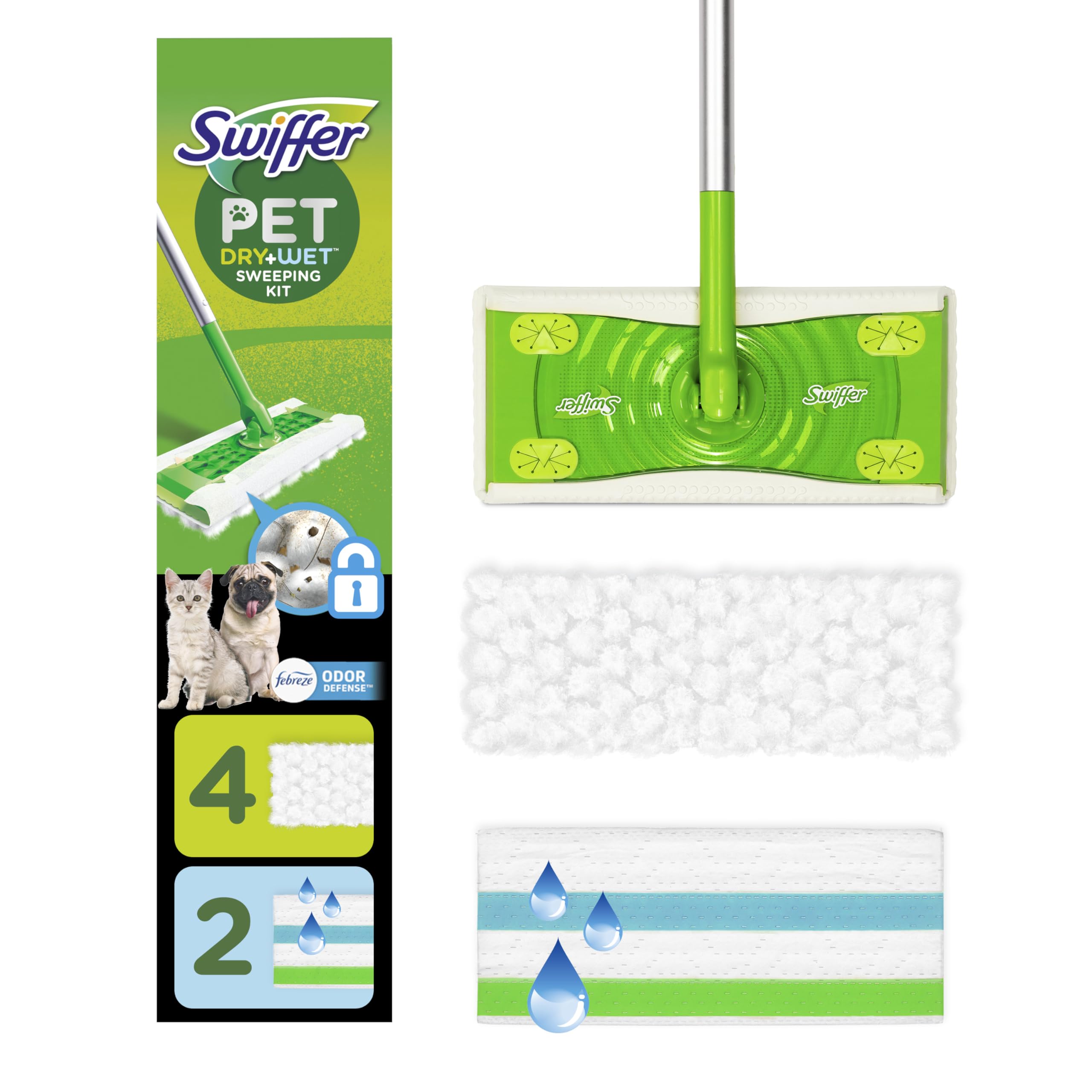 Swiffer Limpiador para Mascotas + fregona, Escoba y trapeador, Limpiador de Suelos Secos y húmedos para Suciedad, Polvo, Cabello, Herramienta de Limpieza Multiusos para el hogar, baño, Cocina, el