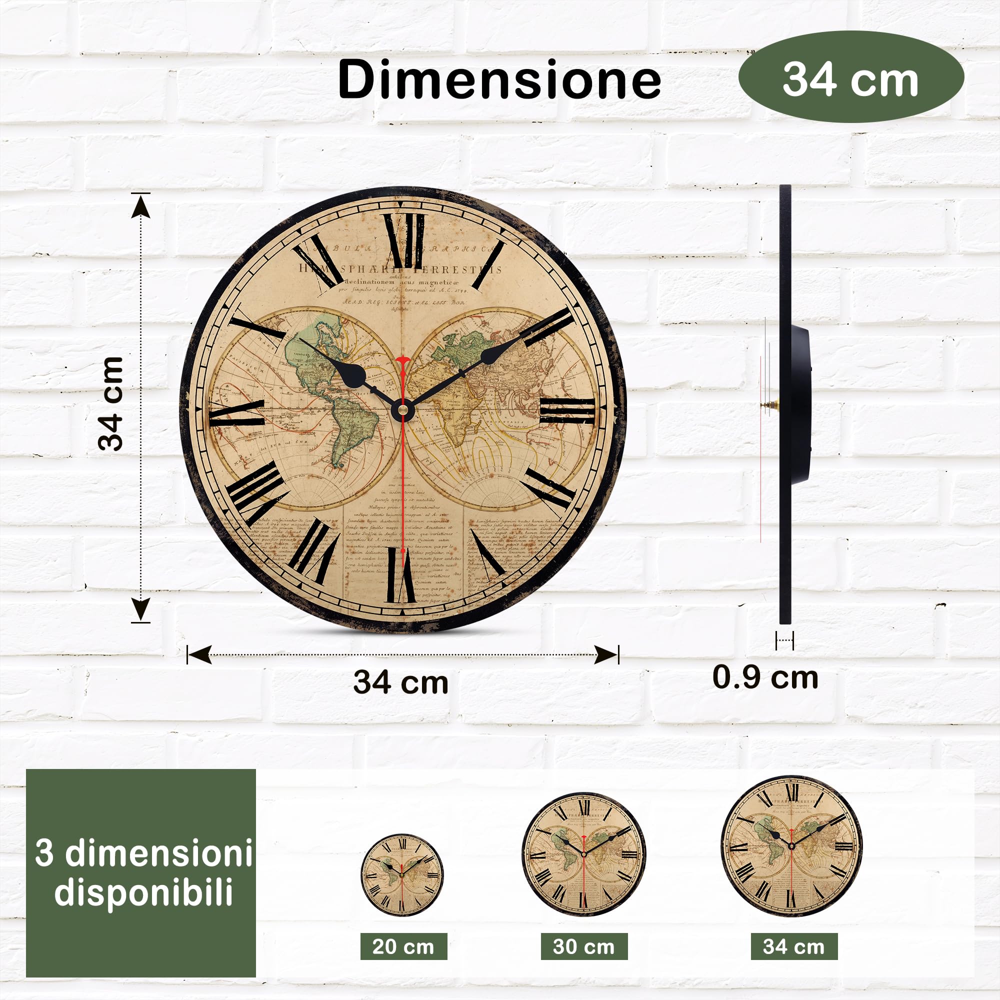 TAHEAT Mappa del mondo Orologio da parete, Grande Classico In legno Orologi, Silenzioso Non ticchettio Facile Da Leggere per Casa/Ufficio/Scuola, 34 cm