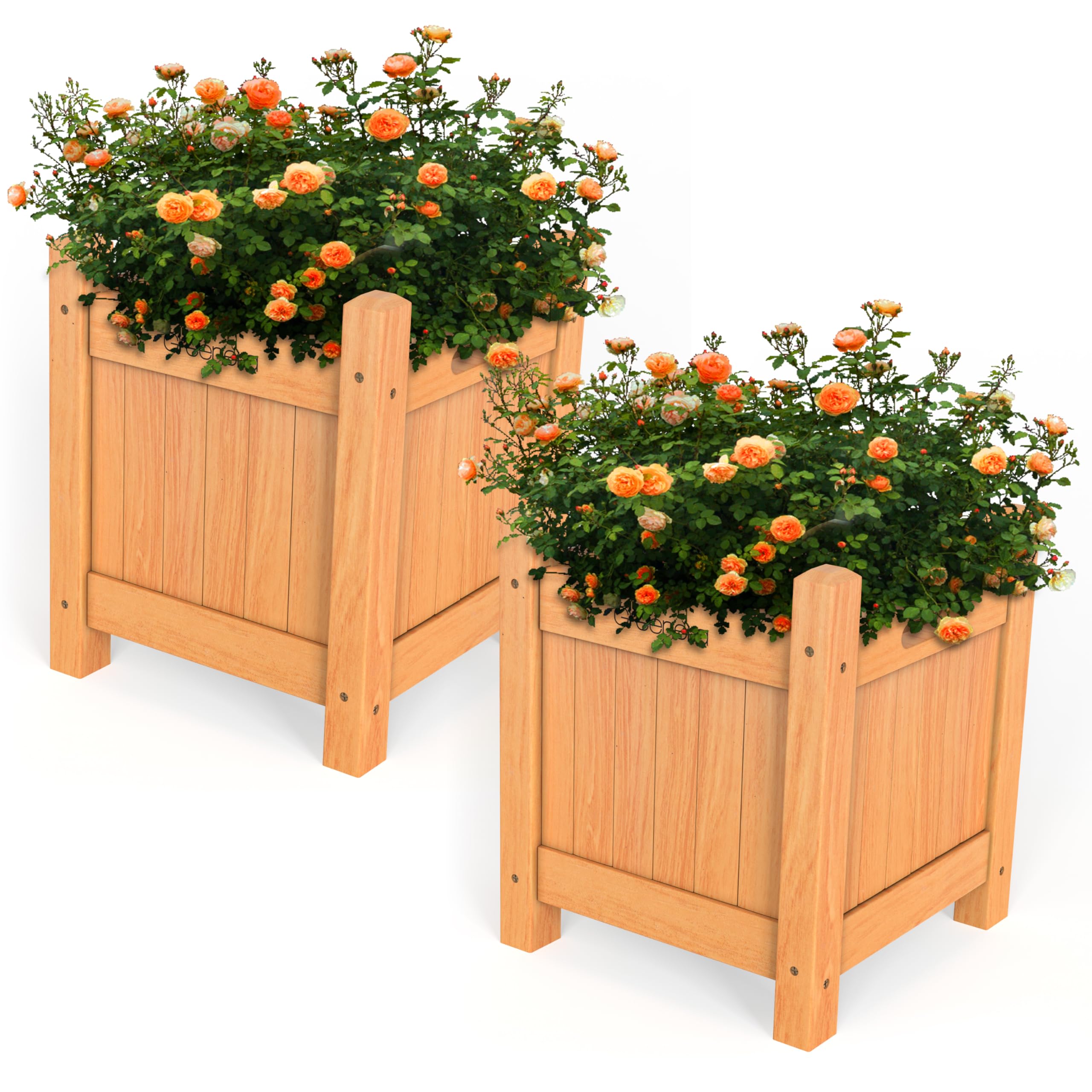 Vivo Technologies Set of 2 Square Wooden Planters Outdoor Garden Planter Box Planting Raise Bed Plants Flowers Plant Pot Natural Long Wood Pot,30x30x38 cm, Natural — image 1