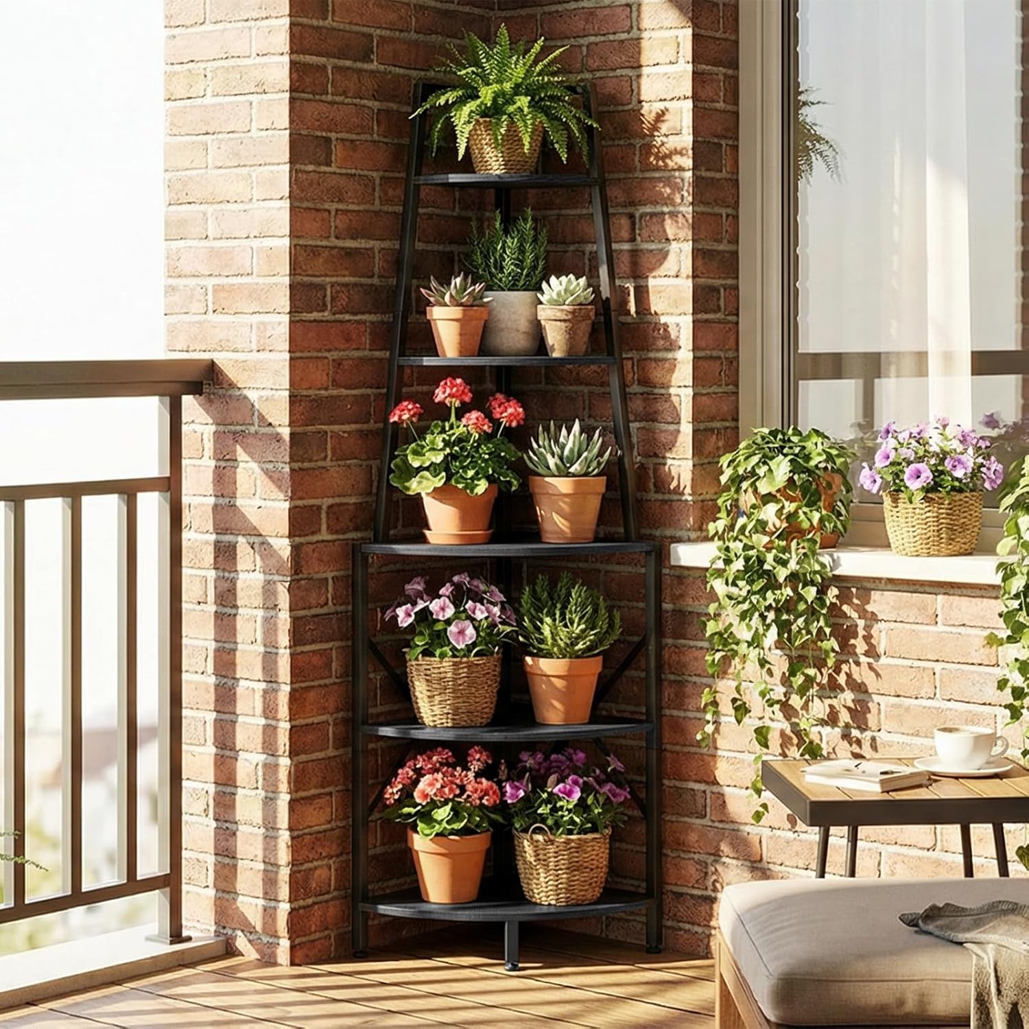 HOOBRO 5-Tier Corner Shelf with LED Lights, 67.9” Tall Corner Shelf Stand, Corner Bookshelf, Corner Plant Stand Display Shelf, for Living Room, Kitchen, Home Office, Black BB120DCJ01