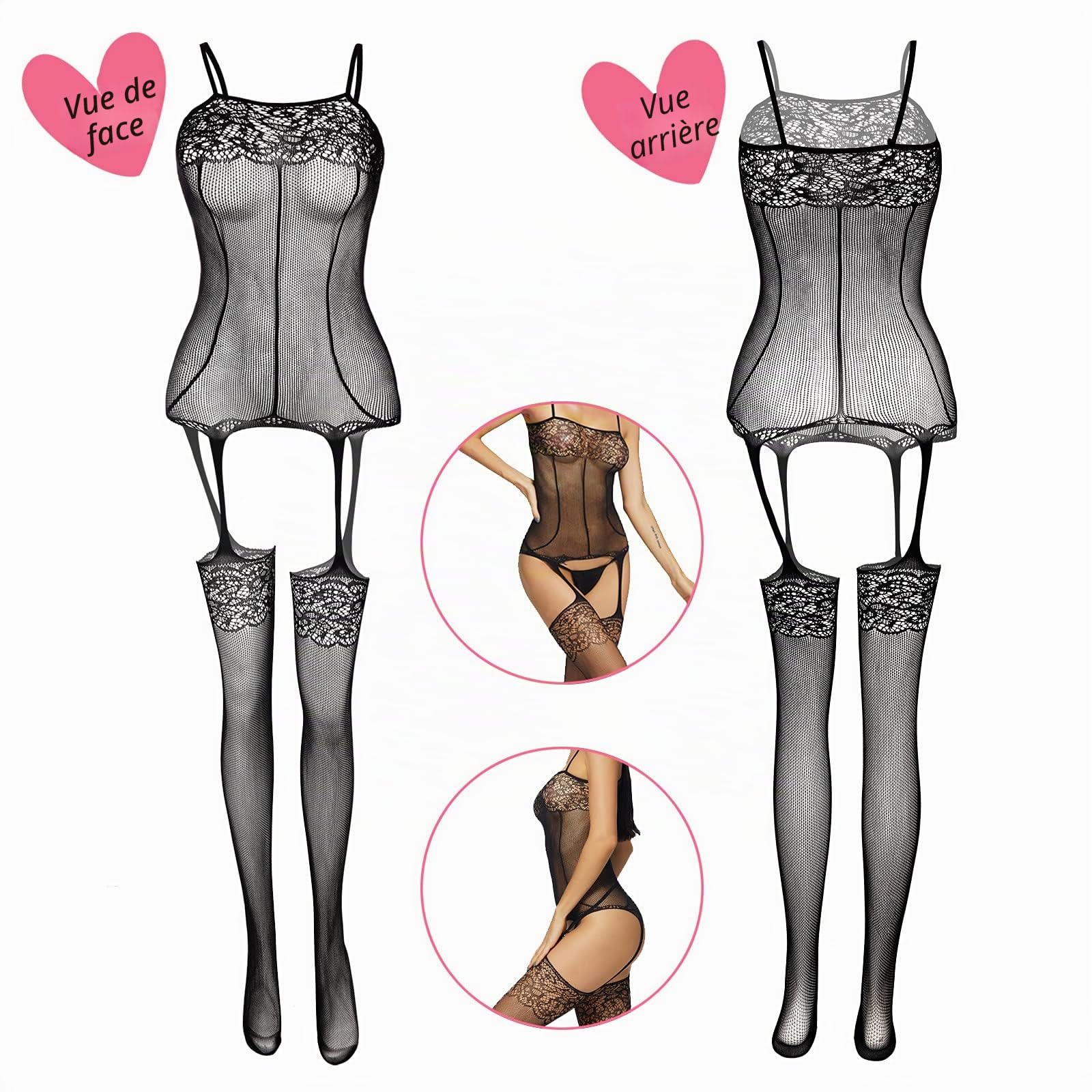 JDiction Lingerie en résille Pour Femmes Longue Combinaison en Maille Bas en Dentelle Sexy Babydoll Nightwear for Romantic Date Wearing(4 Pcs)
