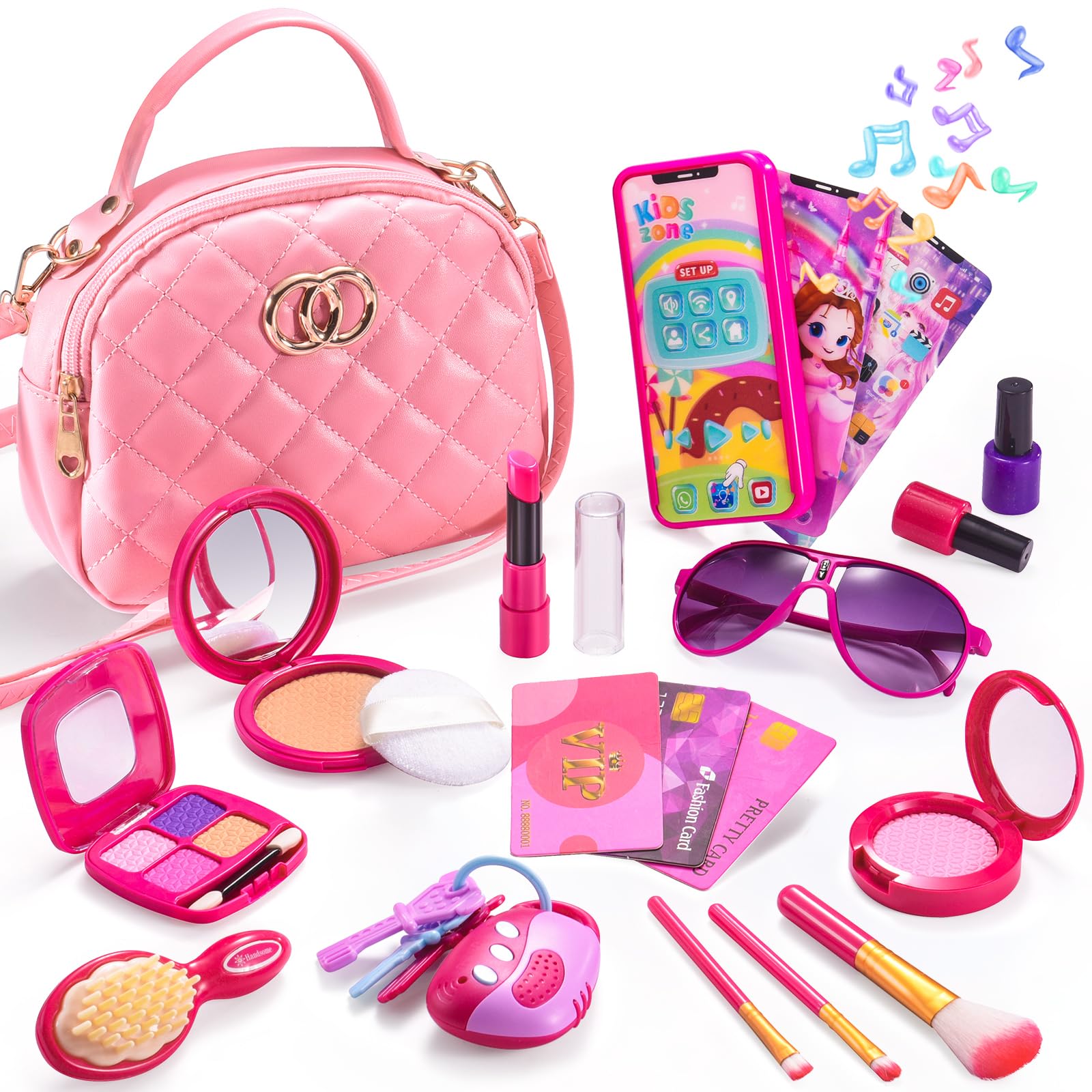Girl Purse with Play Makeup Kit, Little Kids Pretend Make Up Handbags with Pink Cosmetics Accessories, My First Purse Toys for Toddler Princess Gift Age 3 4 5 6 7 8 Year Old