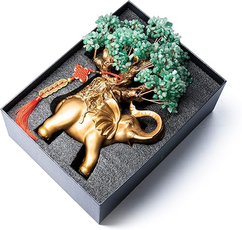 Miniatura 3 de Árbol de dinero de cristal de aventurina verde sobre estatua de elefante dorado, árbol bonsái grande de 17 pulgadas, decoración del hogar, regalos