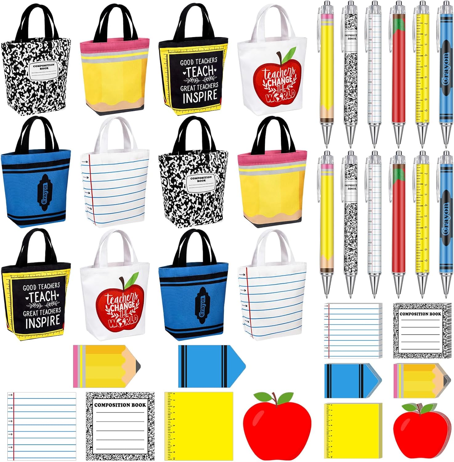 Tenceur 36 Pcs Teacher Appreciation Gifts in Bulk 12 Small Teacher Canvas Tote Bags for Women 12 Appreciation Sticky Notes 12 Ballpoint Pen Thank You Gift for Teachers Classroom School Office Supplies