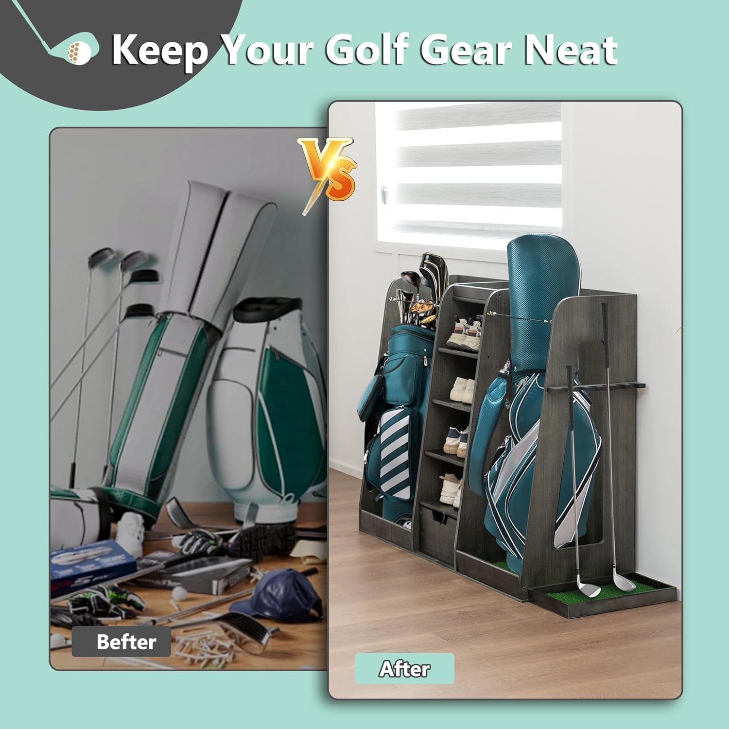 Wooden Golf Bag Organizer for Garage with Drawers, 2 Golf Bag Holder with Club Holders On Side for Car Garage Club Shed Basement, Gray