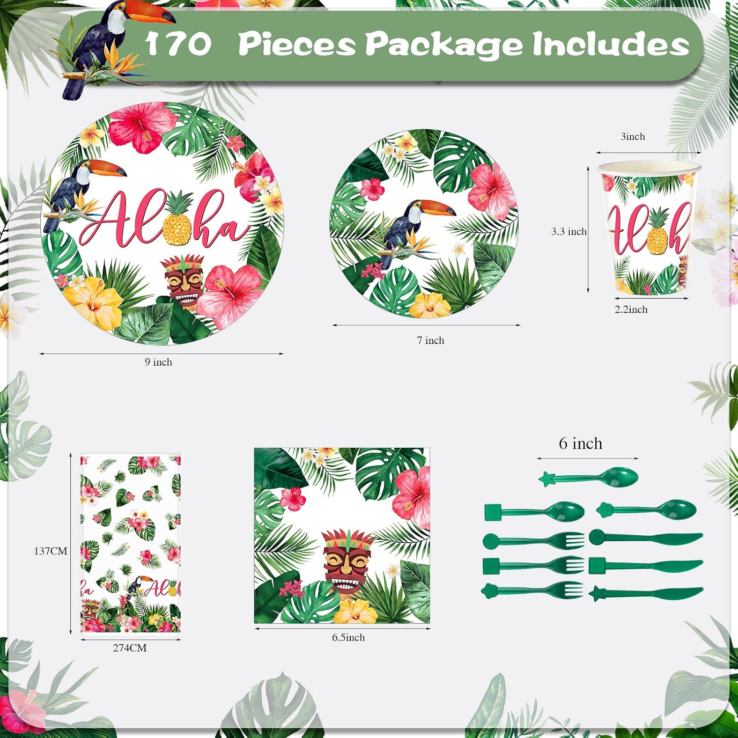 Pajean 170 Pcs Hawaiian Luau Party Supplies Aloha Plates and Napkins Party Supplies Aloha Tiki Tablecloth Tableware Set Summer Hawaii Paper Cups Cutlery Serves 24 Guests