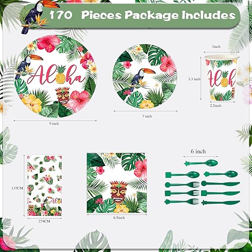 Miniatura 2 de Pajean 170 piezas hawaiano Luau Party Supplies Aloha Platos y Servilletas Suministros de Fiesta Aloha Tiki Mantel Juego de Vajilla Verano Hawaii