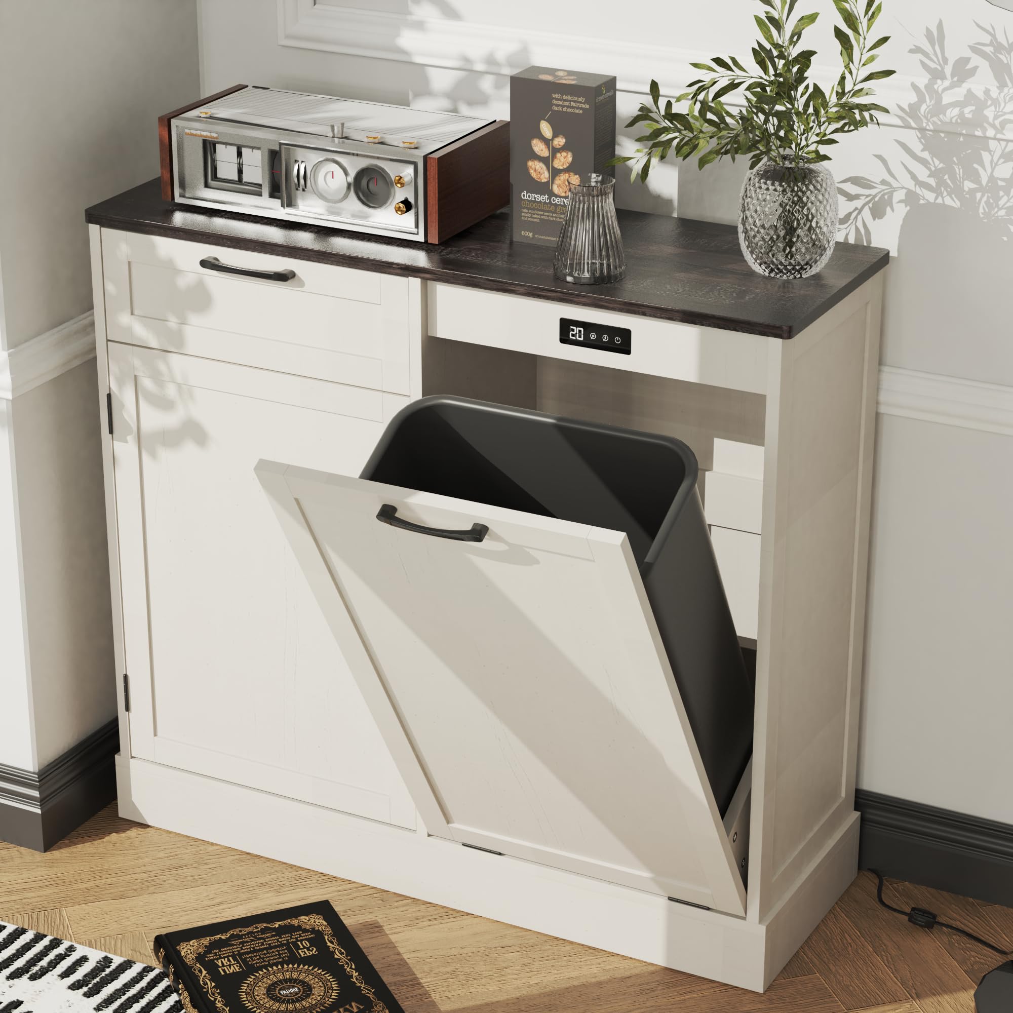 LOUVIXA Double Tilt Out Trash Can Cabinet, Kitchen Island with Trash-Storage, Trashcan Cabinet for Kitchens, Wood Cabinet with Trash Can Pull Out, Dog Proof Trash Storage(Off White, Single)