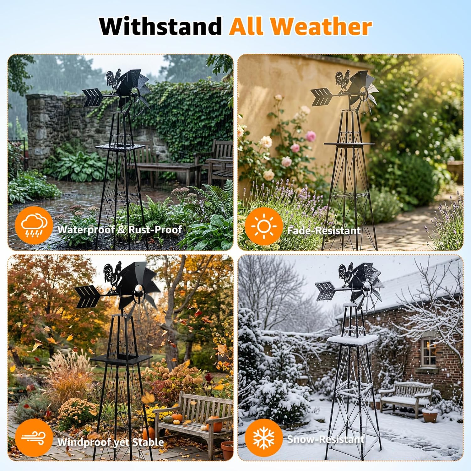 6FT Windmill for Yard, Garden Windmill with Rooster Weather Vane, Heavy Duty Outdoor Metal Wind Mills with Stable 4-Leg Base, Weather-Resistant Spinning Blades - Yard Art for Lawn & Garden (Black)