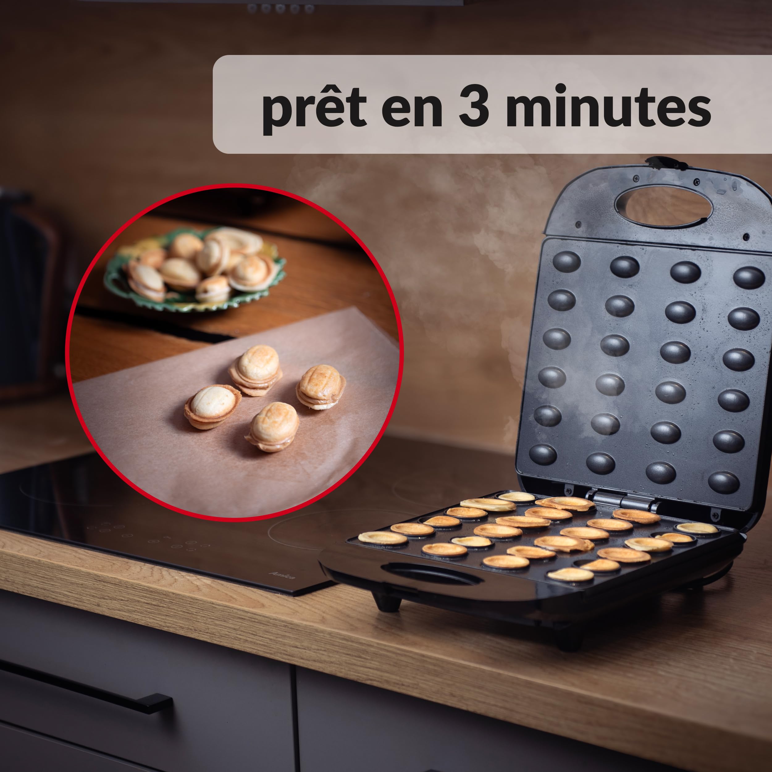 Lehmann Boulangerie électrique avec revêtement anti-adhésif, 1700 W, Appareil de cuisine - Machine à noix pour 24 moitiés de noix, Machine à pâtisserie pour noix, Gaufrier pour gaufres de noix