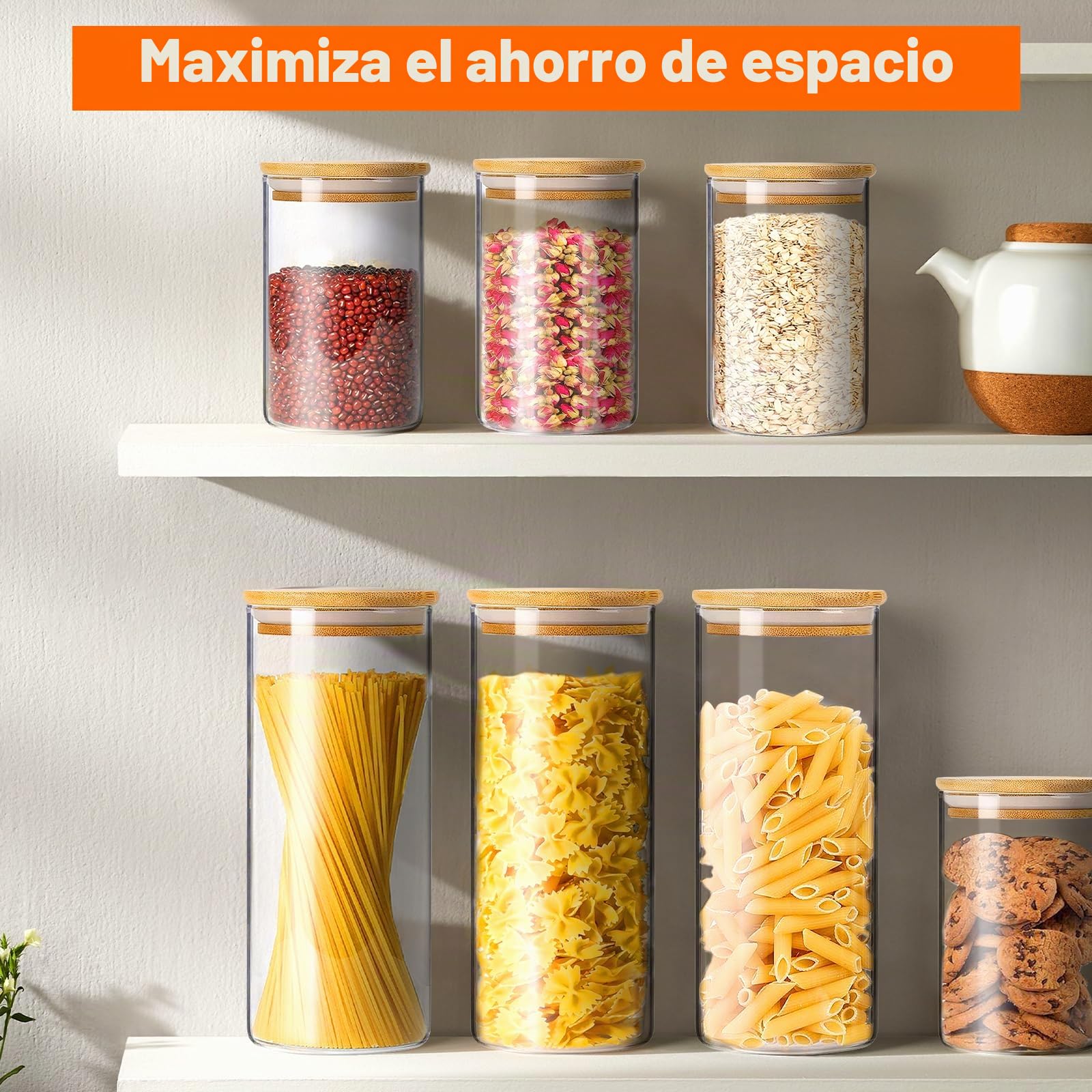 Tarros de Cristal con Tapa,12pcs Botes de Cristal con Tapa Cocina Almacenaje Apilado Estable Hermetico para Espagueti,Pasta Almacenamiento de Harina