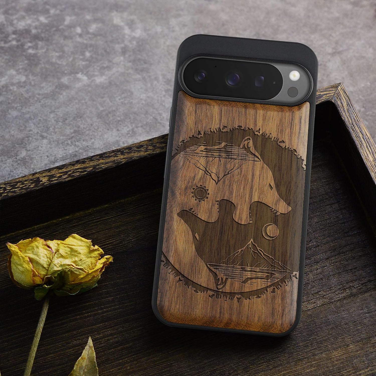 Carveit Magnetic Wooden Case for Google Pixel 9 Pro XL Case, Wood Artisan Engraved & Soft TPU Shockproof Cover, Compatible with MagSafe Wireless Chargers (Yin Yang-Wolf) Walnut