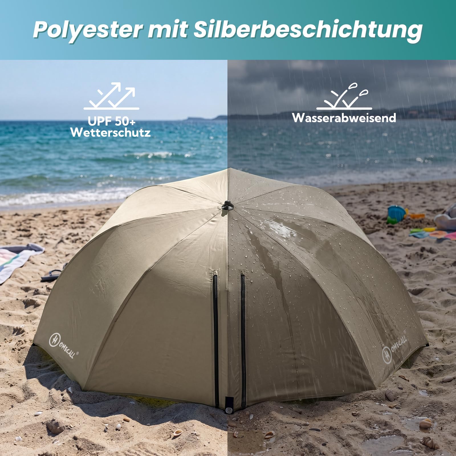 Homecall Sombrilla de playa 2 en 1, convertible, Ø 270 cm, gran sombrilla parasol, con ventana – protección contra el viento, la playa, la lluvia, UV50+, protección contra el sol, para la playa para 2