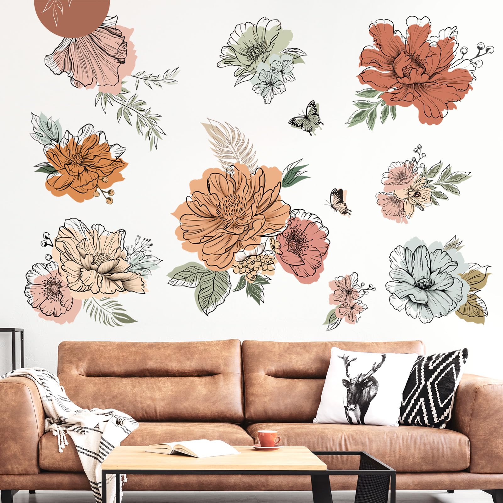 Stickers Muraux Déco Fleurs Boho Et Papillons | Autocollant Amovible Pour Chambre, Salon | 2 Feuilles 30x90cm