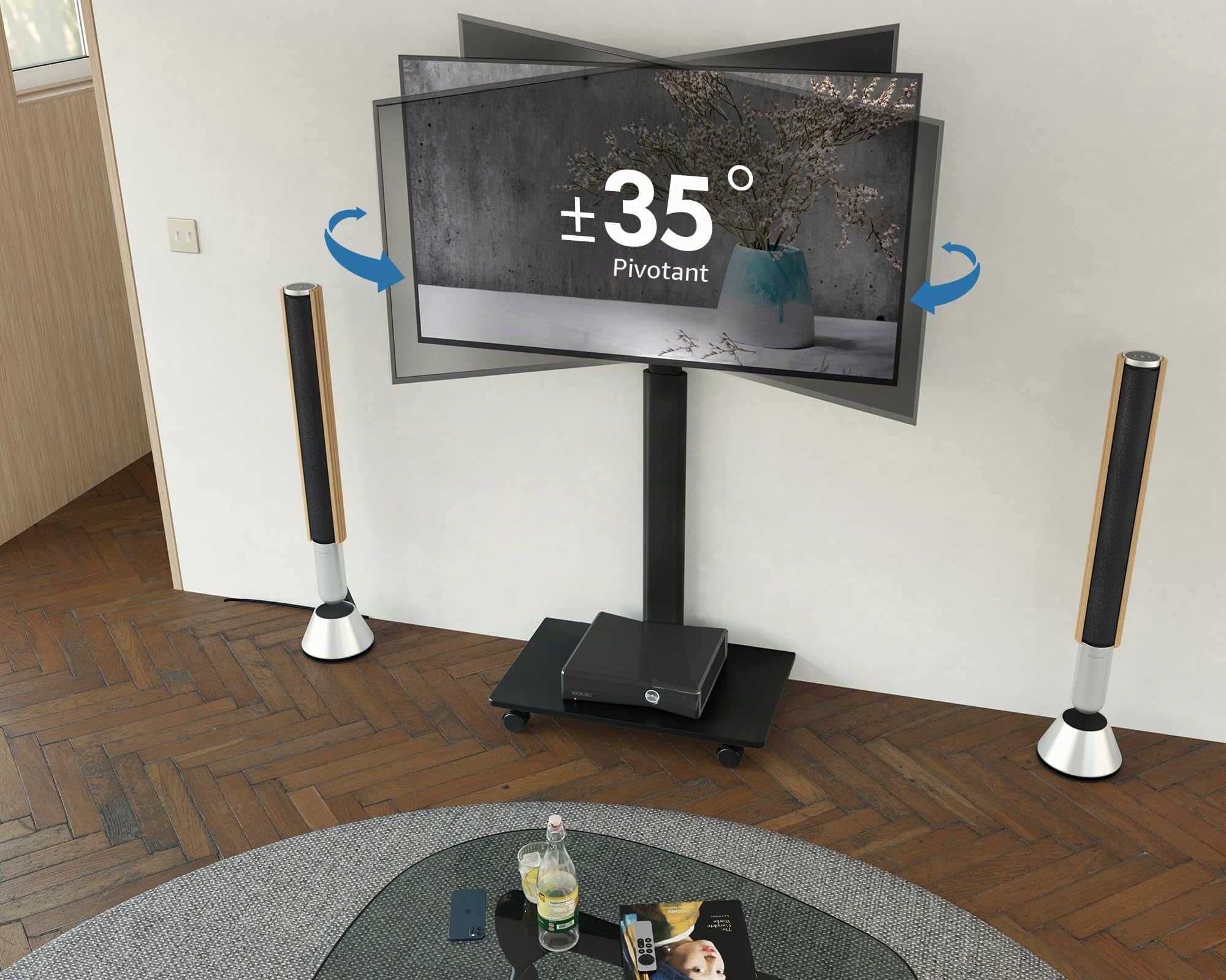 FITUEYES Support TV roulettes, avec Base en Verre Trempé, 32-60 Pouces
