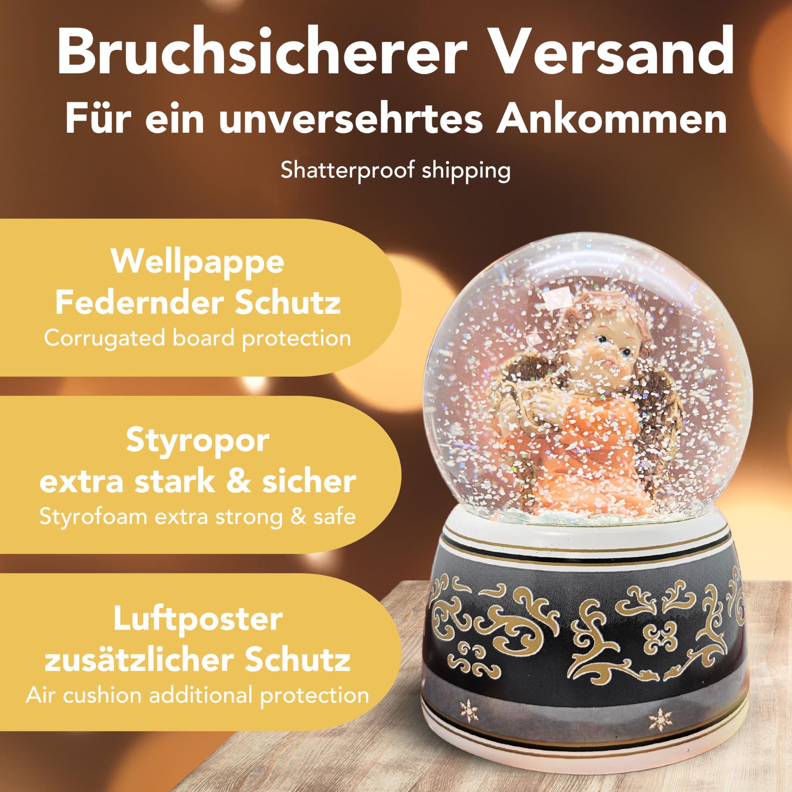 Schneekugel Spieluhr Engel | Harfe mit Flügel Gold mit Spieluhr Ode an die Freude | 140mm hoch | 100mm Durchmesser | Schüttelkugel Glitzerkugel | 20034