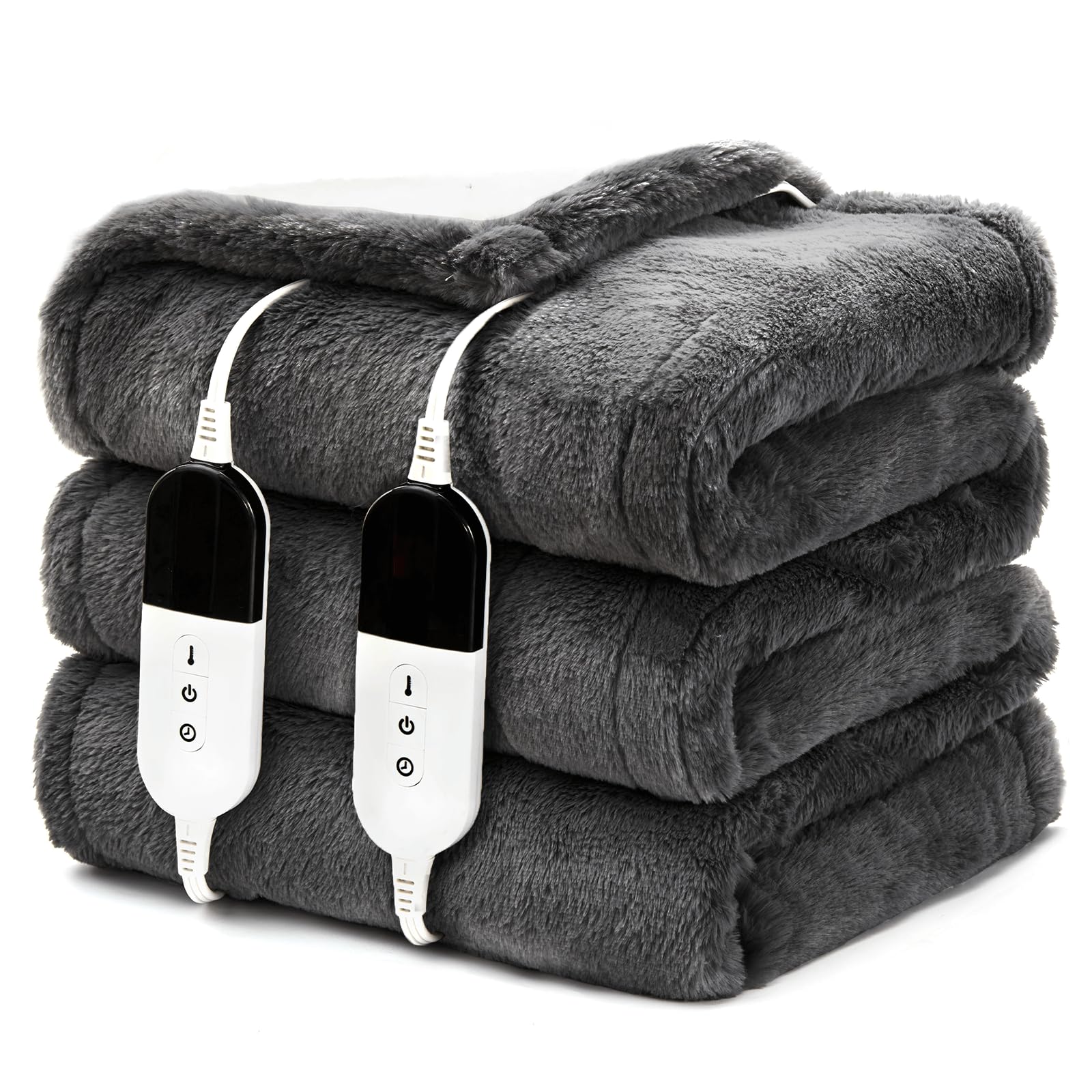 BENFOX Heated Blanket Queen Size 84"×90" Soft Electric Blanket with 6 Heating Levels,Dual Control & Fast Heating Faux Fur & Sherpa Blanket for Couch & Bed - Auto Shut-Off/Machine Washable (Grey)