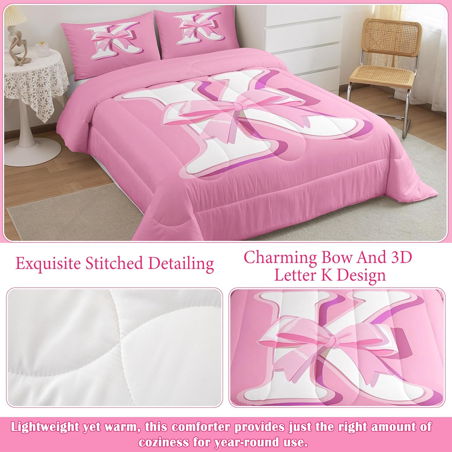 jejeloiu Pink Bowknot Bedding Set, Full Size, Decor Gifts for Women Teen Girl Ultra Soft Initial Letter K Bedding Set, Girly Romantic Comforter,Duvet Set Room Decor Quilt Set - Image 3