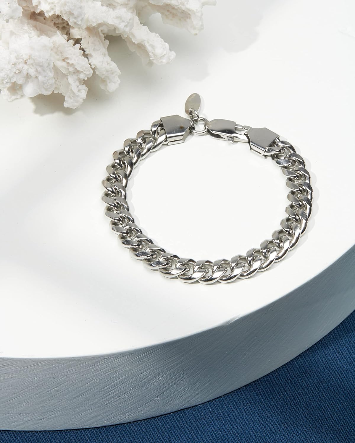 Nautica Stainless Steel Bracelet for Men Miami Cuban Flat Link Chain Bracelet Lobster Clasp - Image 2