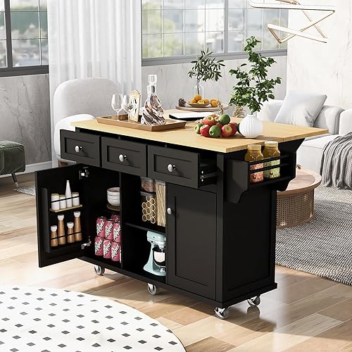 LUMISOL Rolling Kitchen Island with 3 Drawers and 2 Cabinets, Kitchen Cart on Wheels with Drop Leaf, Wood Portable Trolley Island with Cabinet Door Storage Racks, for Dinning Room, Black