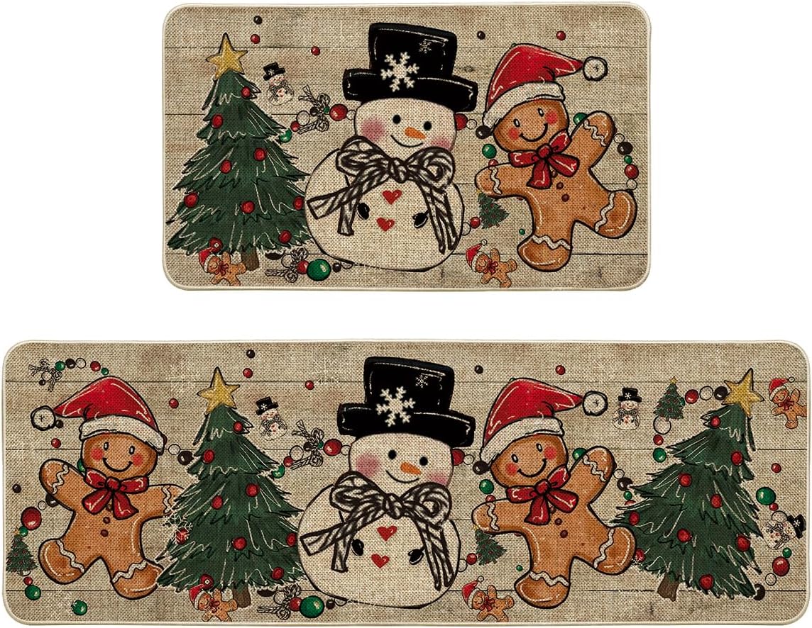 Artoid Mode Xmas Tree Gingerbread Man Snowman Christmas Kitchen Mats Set of 2, Winter Low-Profile Home Decor Kitchen Rugs for Floor - 17x29 and 17x47 Inch